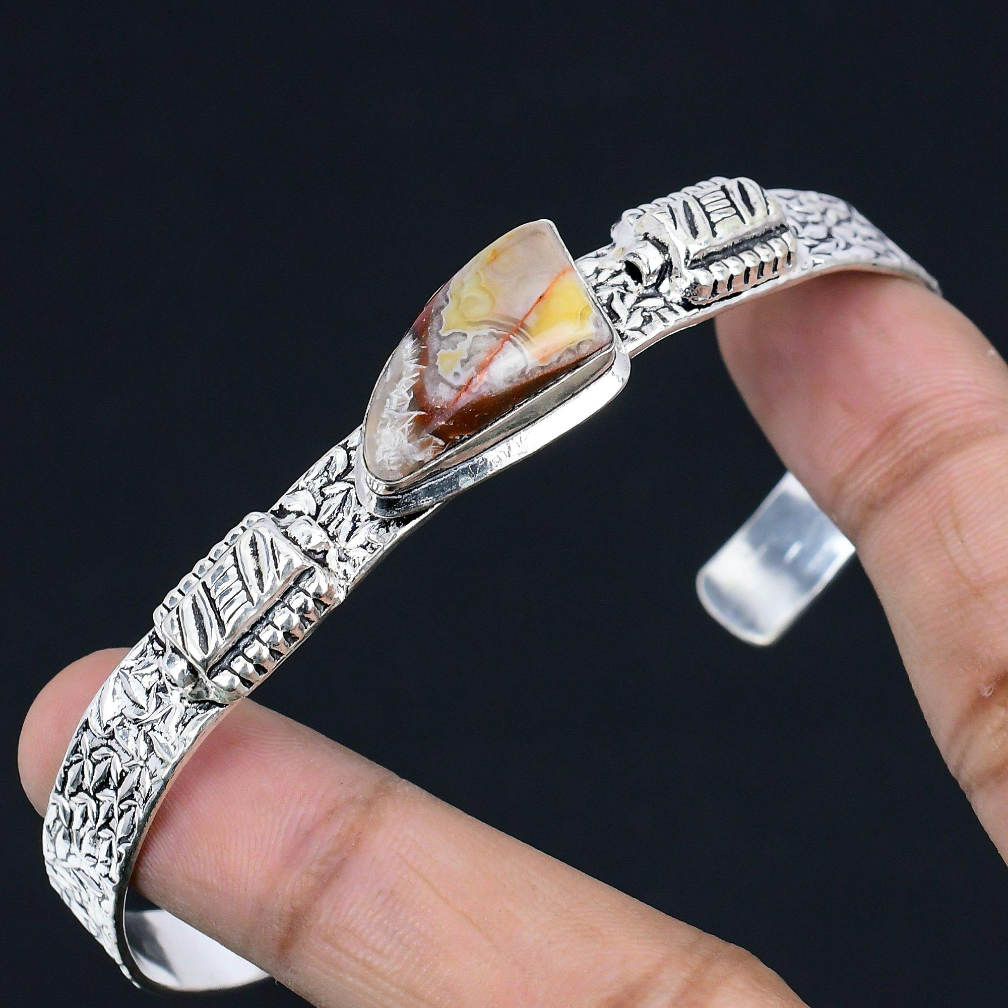 Bracciale Etno in Argento Sterling con Pietra Agata Pizzo Messicano Laguna per Sorella