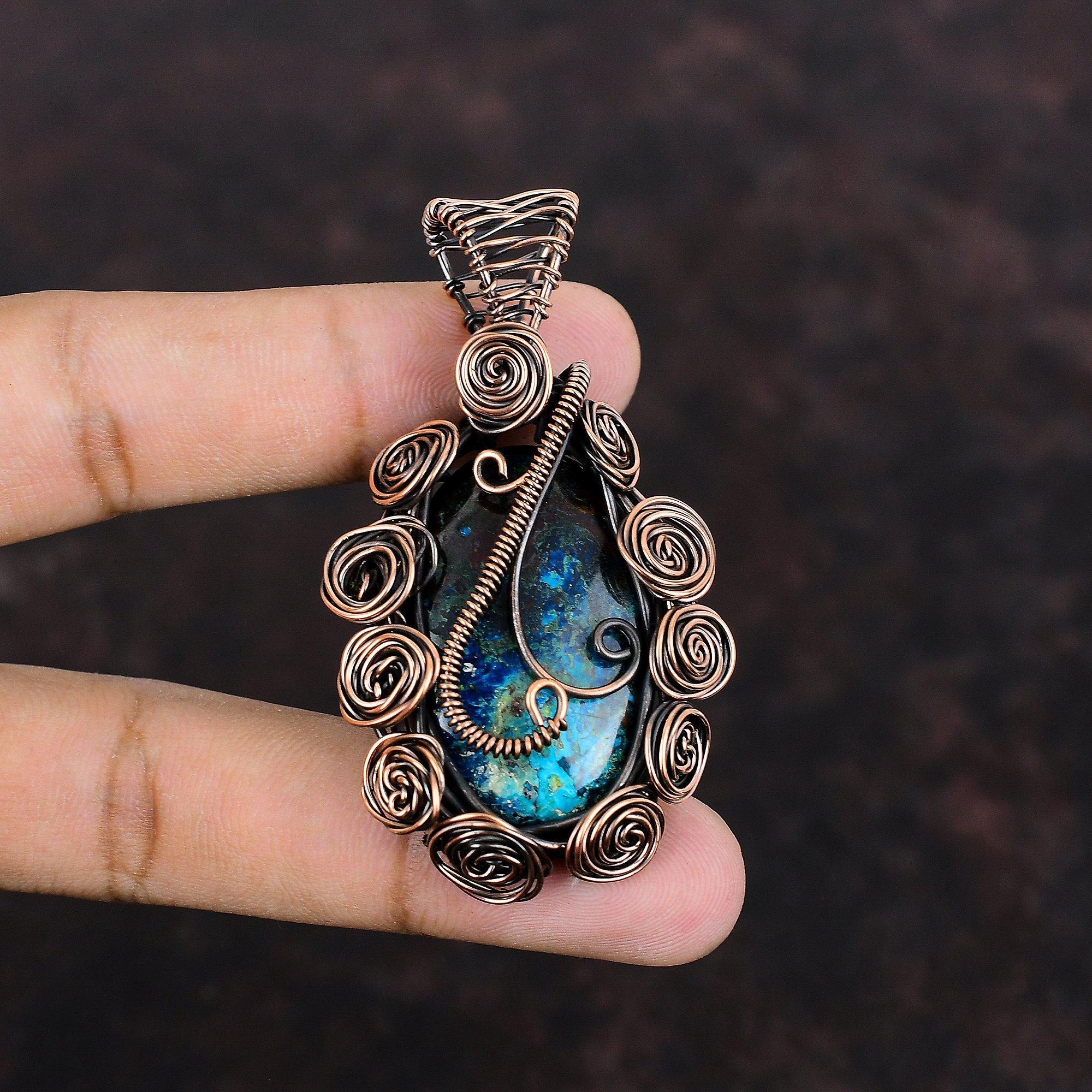 Azurite Malachite Pendant Copper Wire Wrapped Jewelry Gemstone Copper Pendant Handmade Jewelry Wire Wrapped Pendant Anniversary Gift For Mom