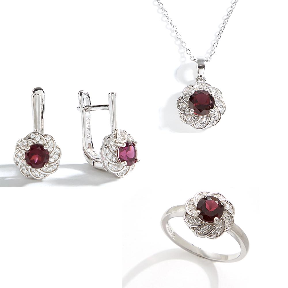 925 Sterling silver natural Garnet Flower shape design ring earrings pendant necklace fine jewelry set for women Birthday gifts