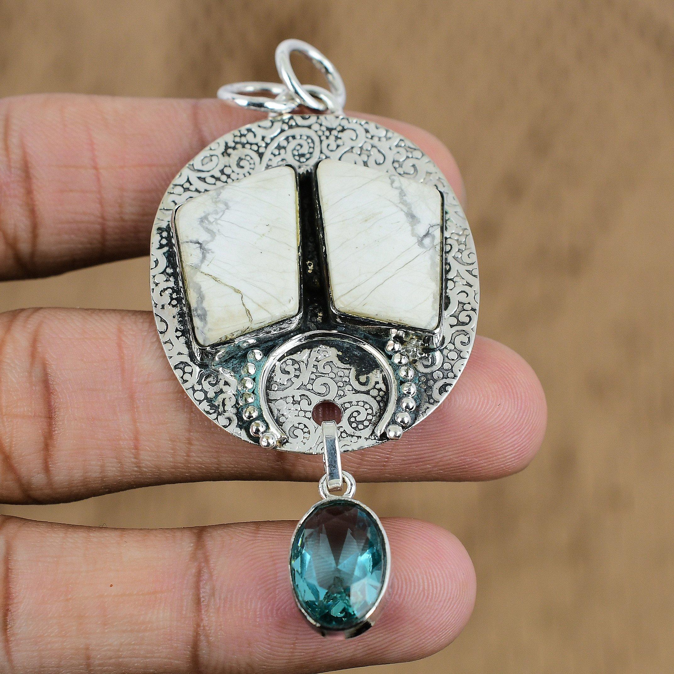 Radiant Natural Howlite Swiss Blue Topaz 925 Sterling Silver Mother Boho Pendant