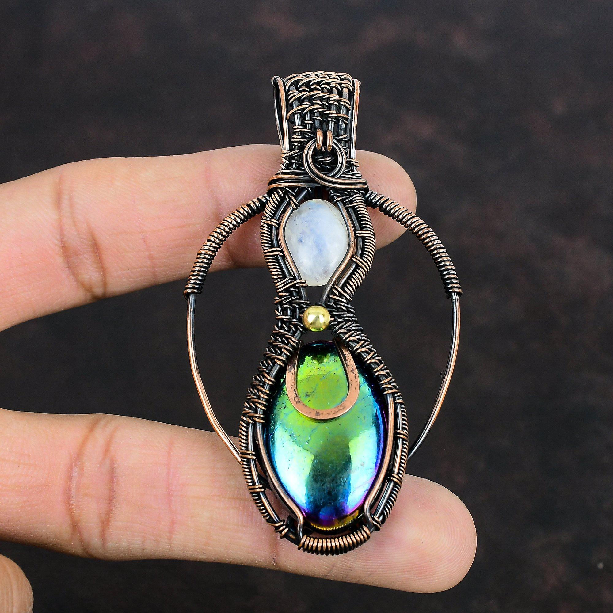 Mystic Fire Labradorite Pendant Copper Wire Wrapped Pendant Handmade Copper Jewelry Rainbow Moonstone Pendant Gemstone Jewelry Wedding Gifts