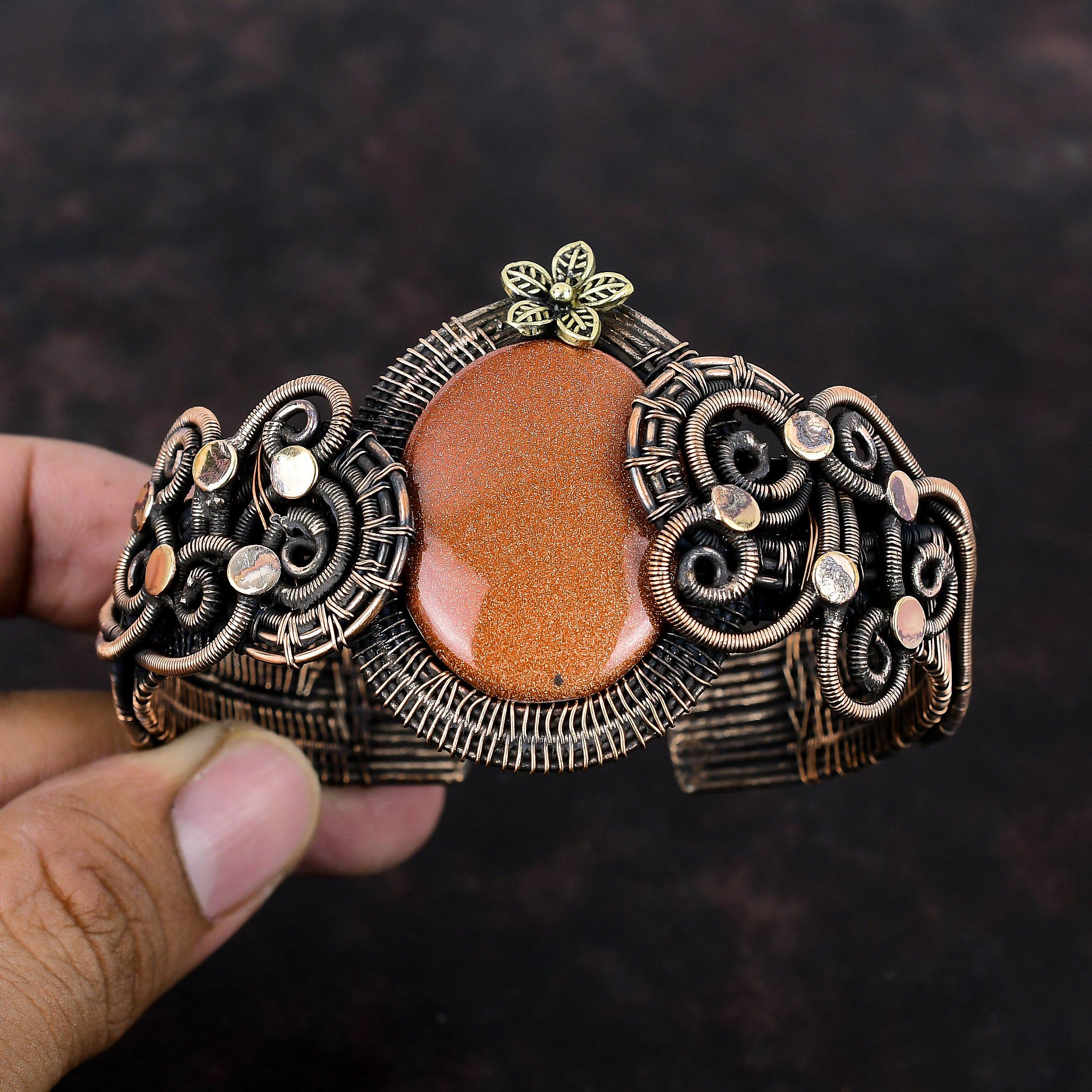 Sun Sitara Bangle Copper Wire Wrapped Cuff Bracelet Real Gemstone Bangle Copper Jewelry Handmade Adjustable Bangle Flower Cuff Gift For Mom