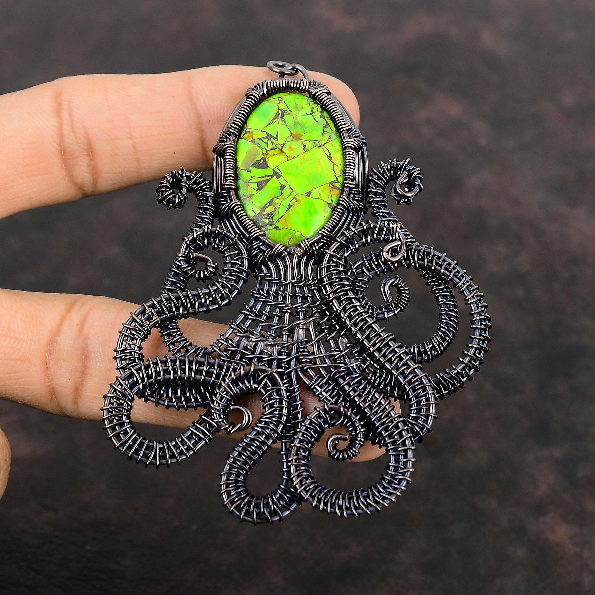 Copper Green Turquoise Pendant Copper Wire Wrapped Pendant Octopus Jewelry For Gift Handmade Gemstone Pendant Green Turquoise Copper Jewelry