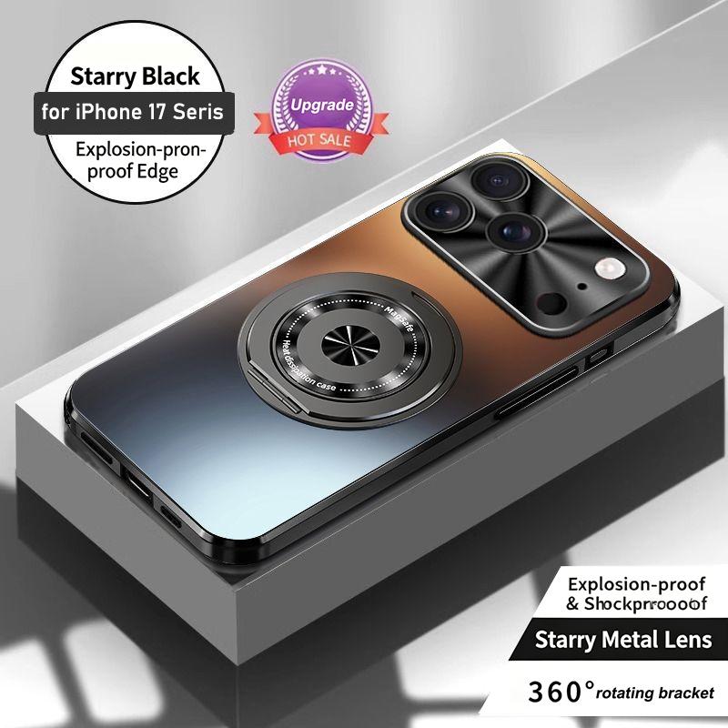 Matte PC Phone Case For iPhone 17 17 Pro 17 Pro Max Metal Lens Frame 360° Rotatable Magnetic Kickstand Shockproof Protective Cover