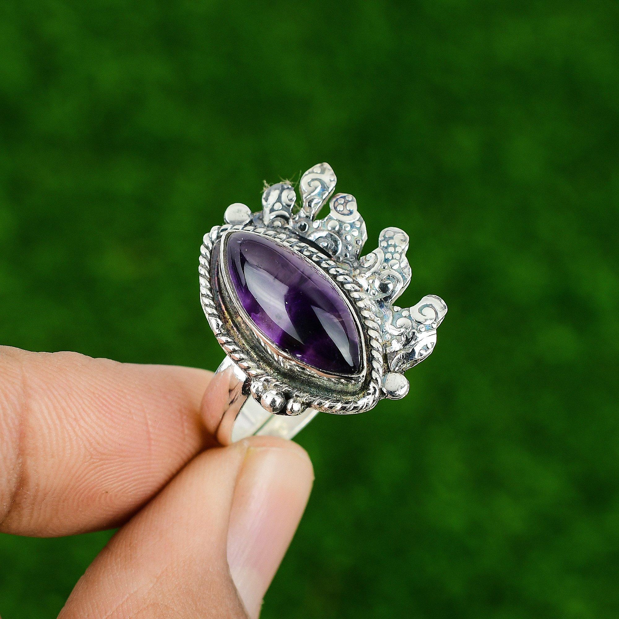 Natural Star Amethyst Gemstone Statement Purple Adjustable Ring 925 Silver