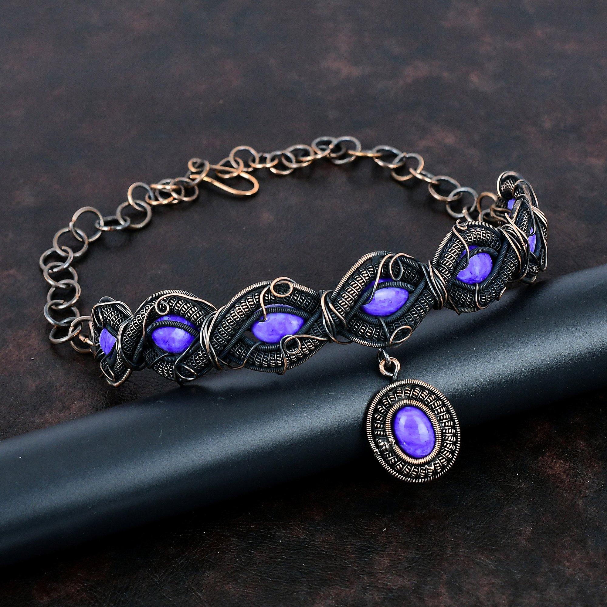 Charoite Necklace Copper Wire Wrapped Adjustable Chain Necklace Charoite Copper Jewelry Handmade Gemstone Necklace Wire Jewelry Gift For Mom