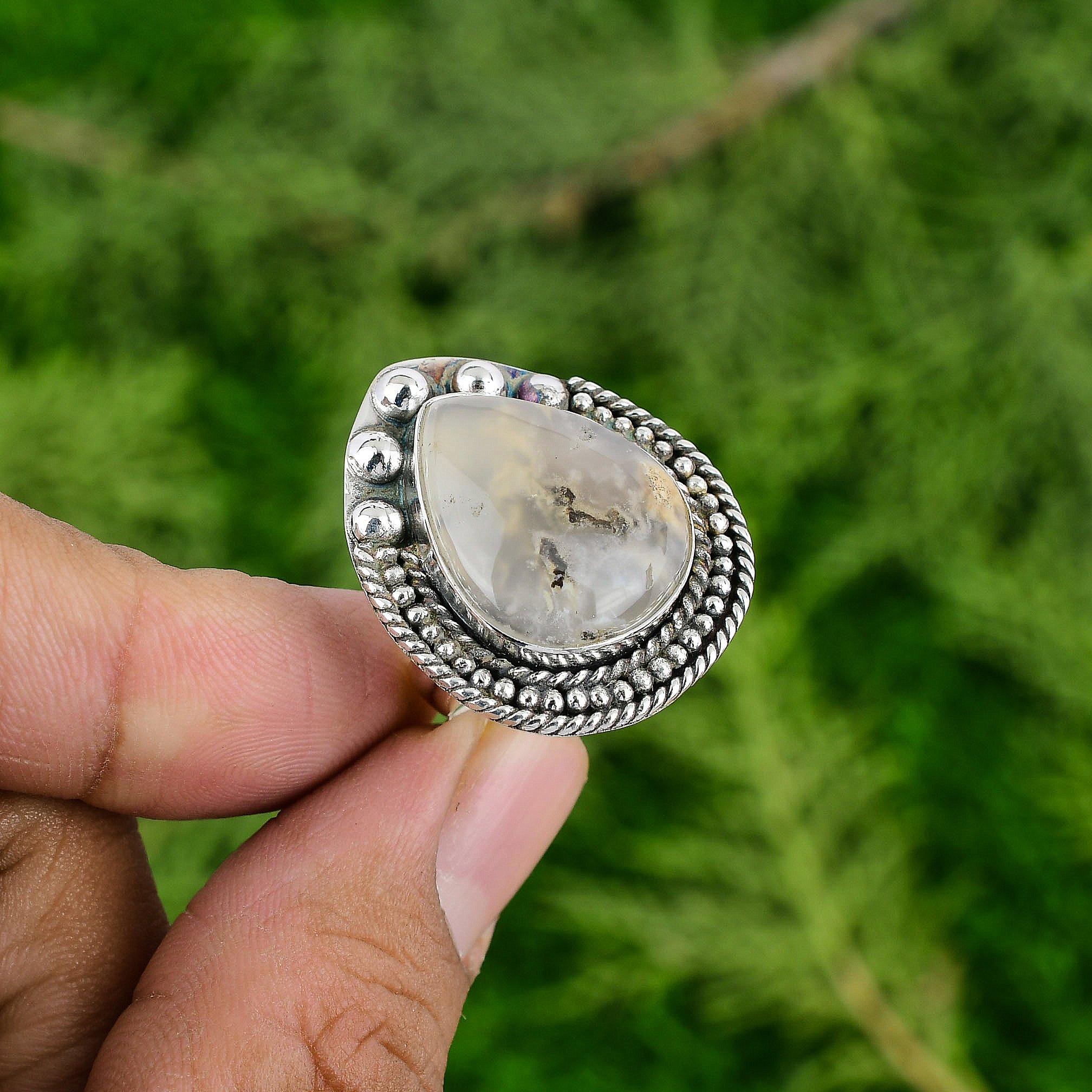 Thanks Giving Day Deal Natural Plume Agate 925 Silver Promise Sister Bezel Ring