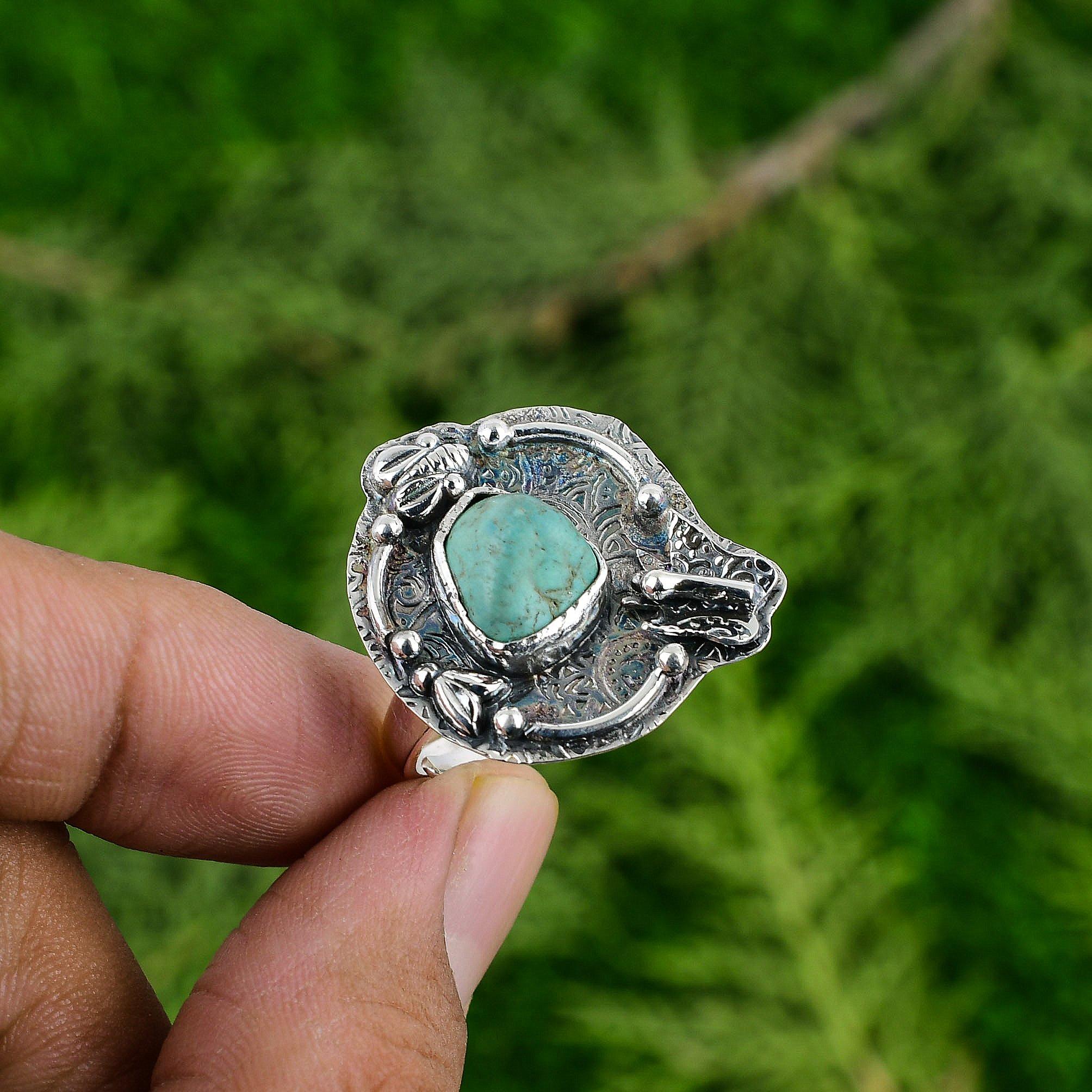 Natural Tibetan Turquoise 925 Silver Handmade Bezel Solitaire Throat Chakra Ring