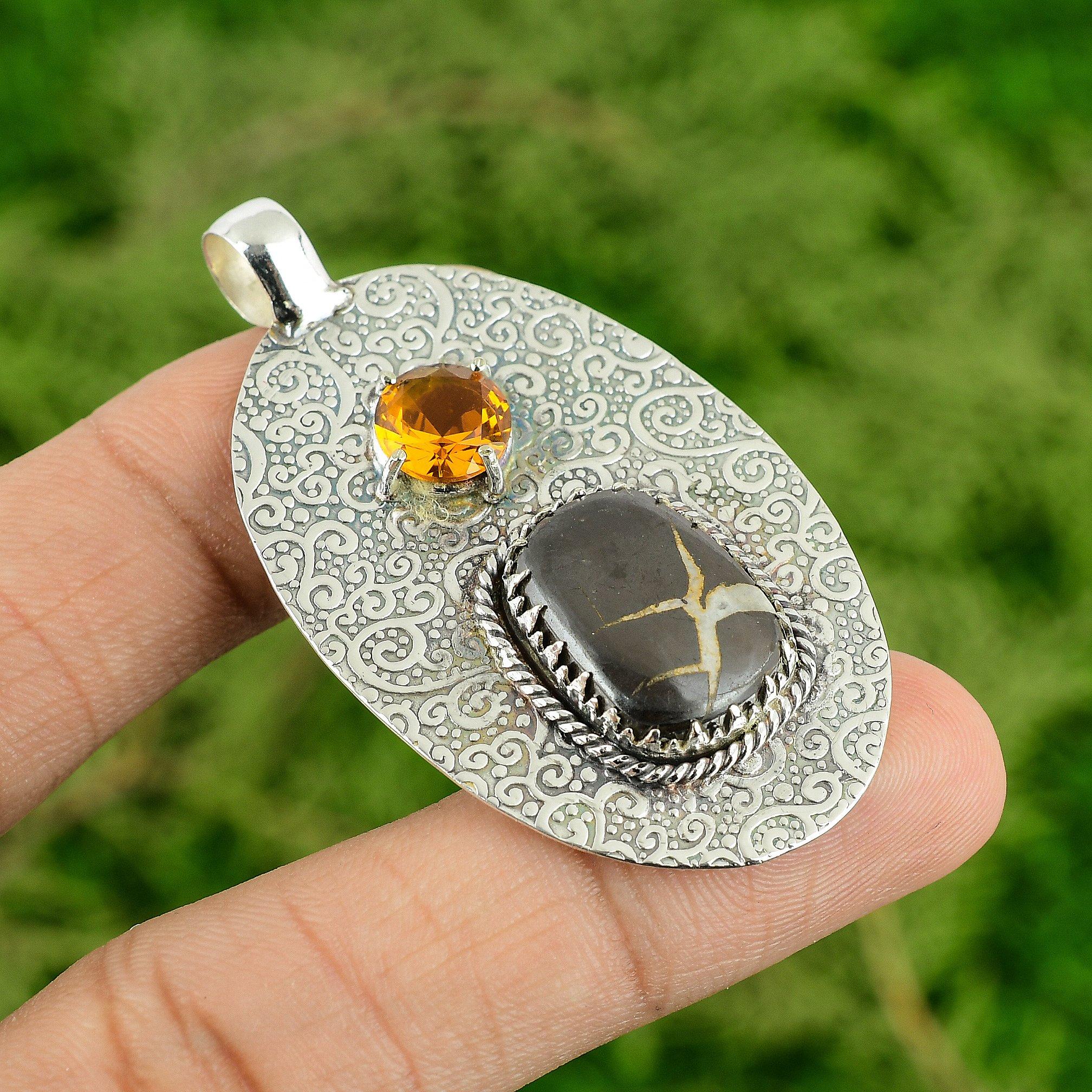 Radiant Moroccan Mud Crack Fossil Stone Citrine New Pendant Jewelry 925 Silver