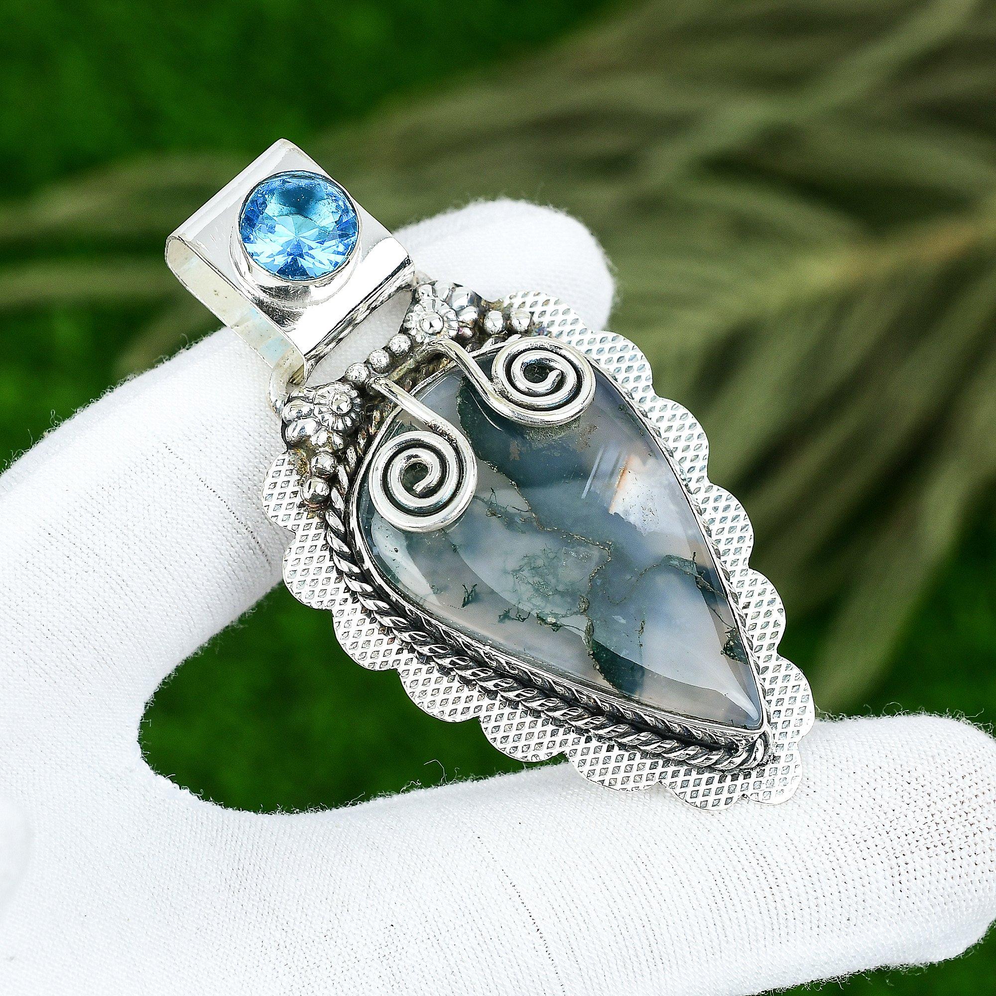 Sterlingsilber Solar Moosachat Stein Blautopas Schwester Jubiläum Neuer Anhänger