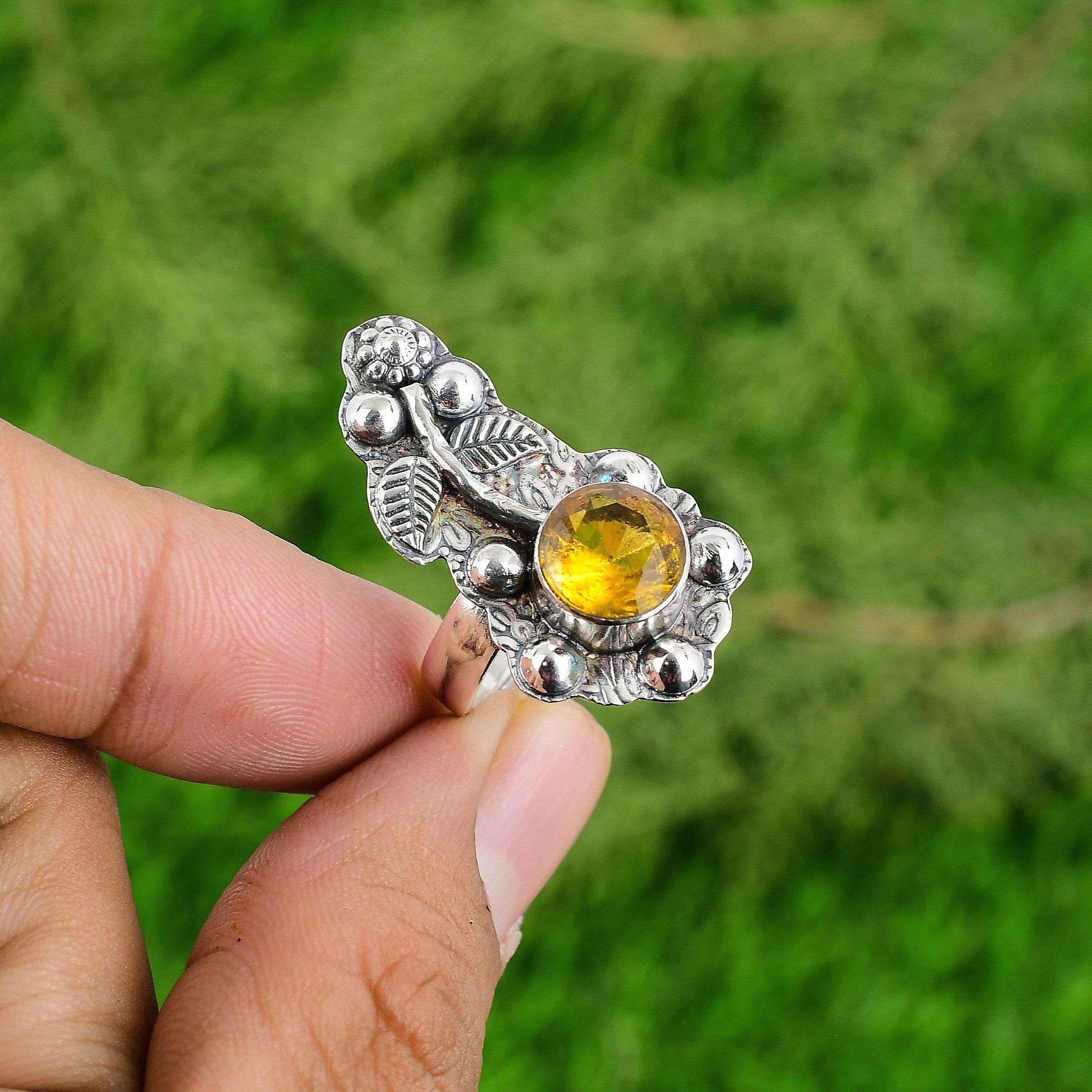 Mothers day Sale 925 Sterling Silver Citrine Gemstone Bezel Flower Promise Ring