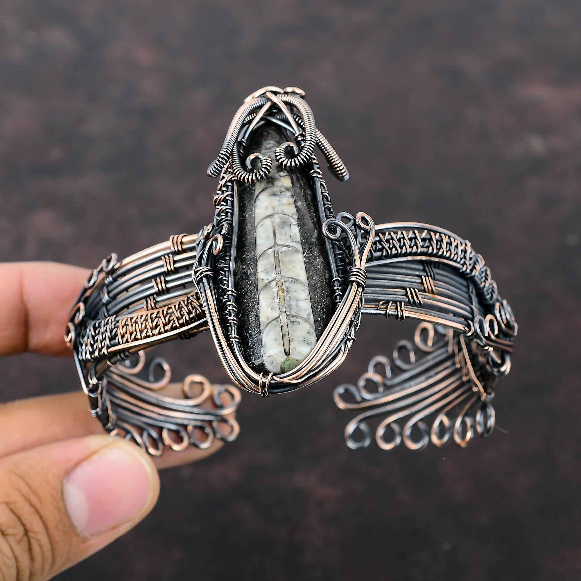 Orthoceras Fossil Cuff Bracelet Copper Wire Wrapped Bangle Handmade Gemstone Jewelry Adjustable Bangle Anniversary Gift Copper Wire Jewelry