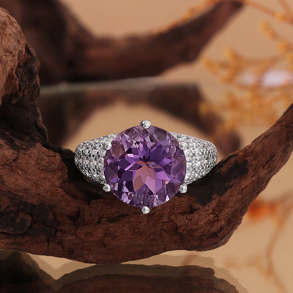 925 Sterling Silver Women's solitaire Ring Big Natural round 12.0mm Amethyst simple design Fine Jewelry for birthday party gifts