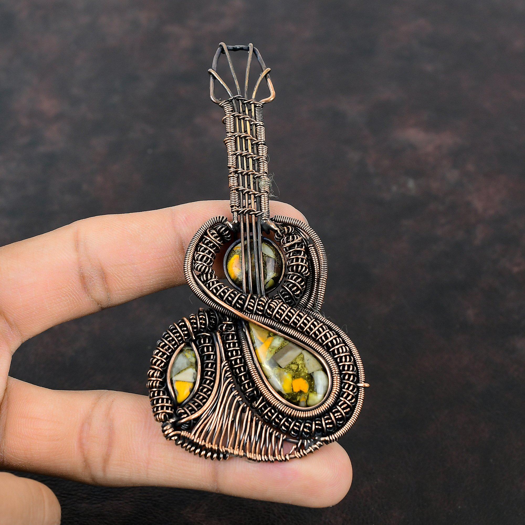 Copper Bumble Bee Jasper Pendant Copper Wire Wrapped Pendant Guitar Pendant Handmade Copper Jewelry Awesome Gemstone Pendant Engagement Gift