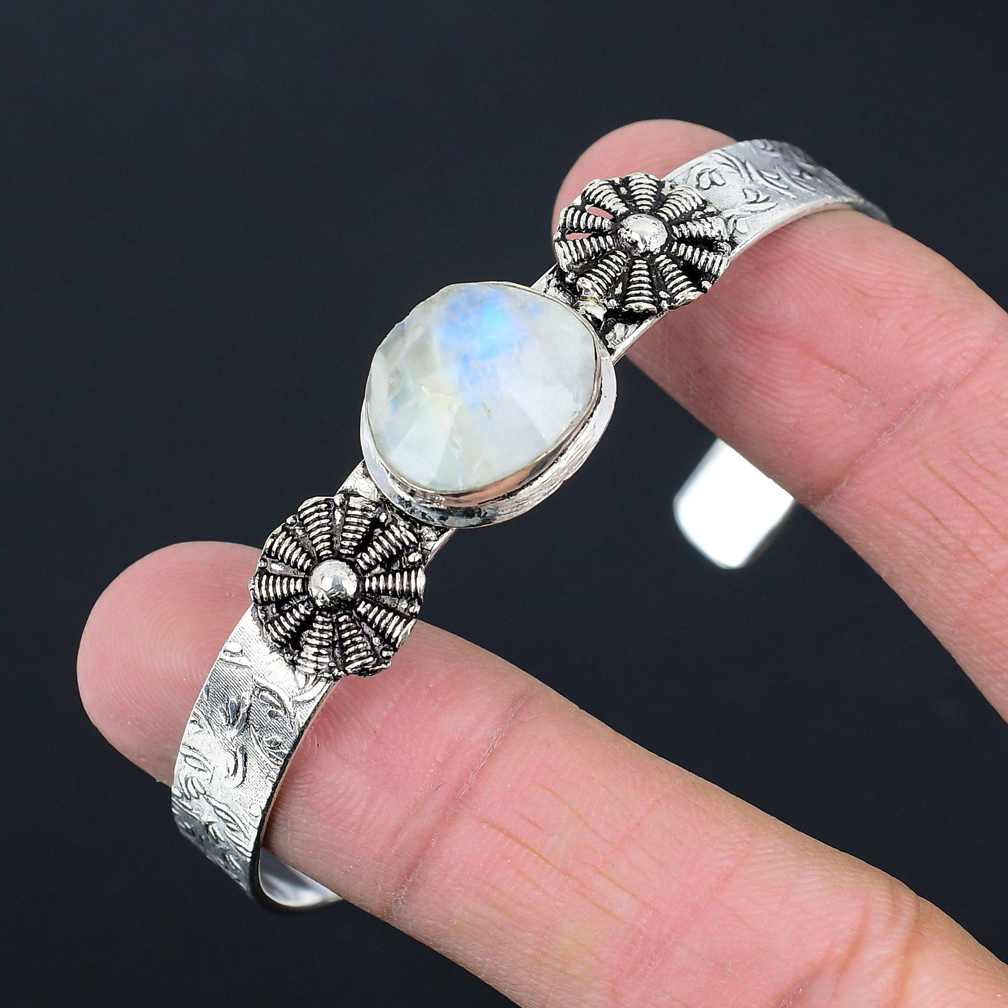 Womens Day Deal Sterling Silver Natural Rainbow Moonstone Wedding Bangle Jewelry