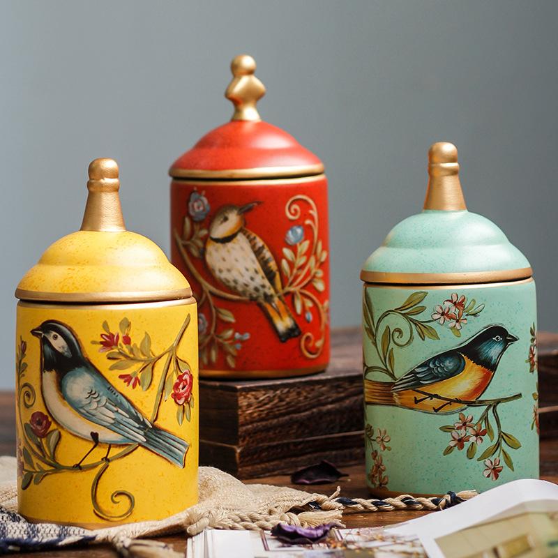 1pc Decorative Ceramic Storage Jar with Lid, Bird Design, Food-Safe Porcelain Tea/Coffee Canister