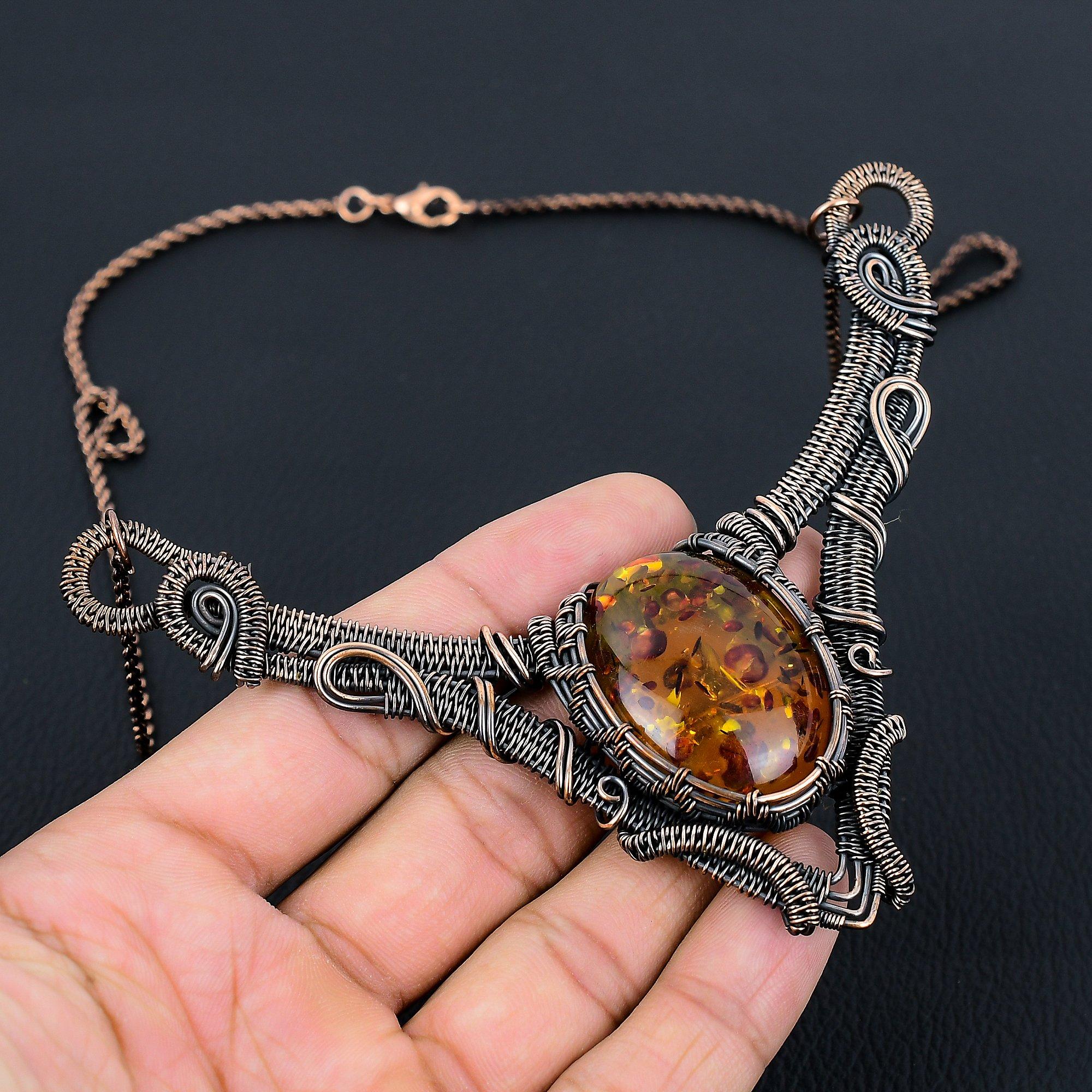 Pietre prețioase de chihlimbar baltic, sârmă de cupru pur, colier lucrat manual, bijuterii pentru ea