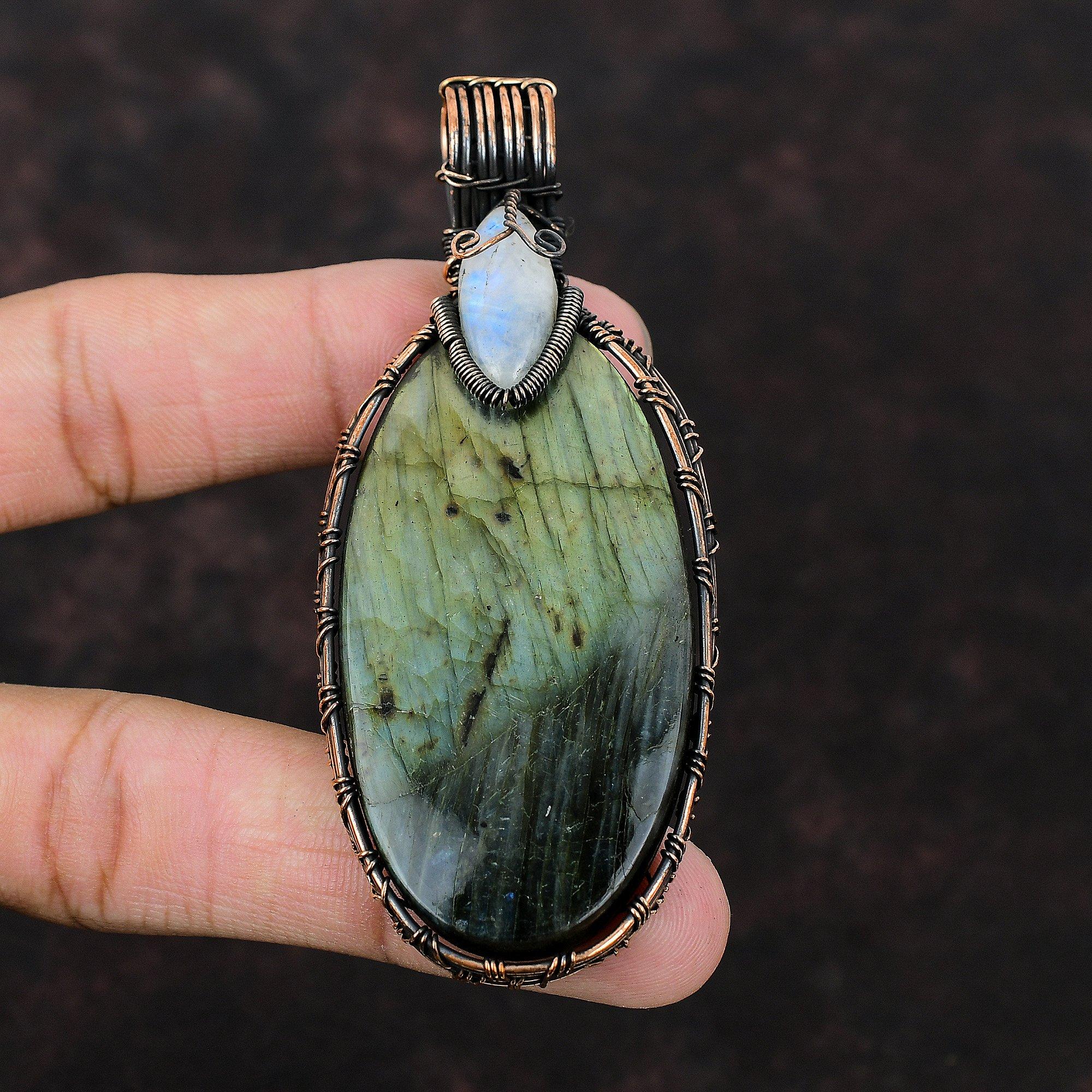 Labradorite Copper Pendant Copper Wire Wrapped Jewelry Rainbow Moonstone Pendant Handmade Boho Pendant Gemstone Copper Jewelry Gift For Her