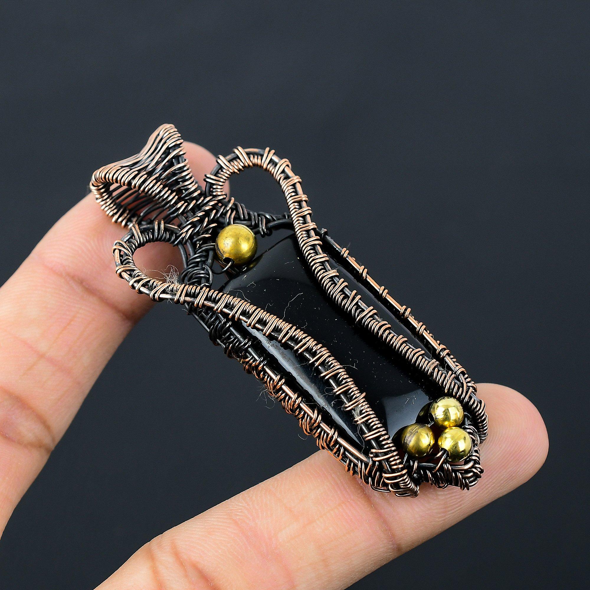Black Onyx Gemstone Pure Copper Wire Wrapped Handmade Jewelry Pendant For Gift