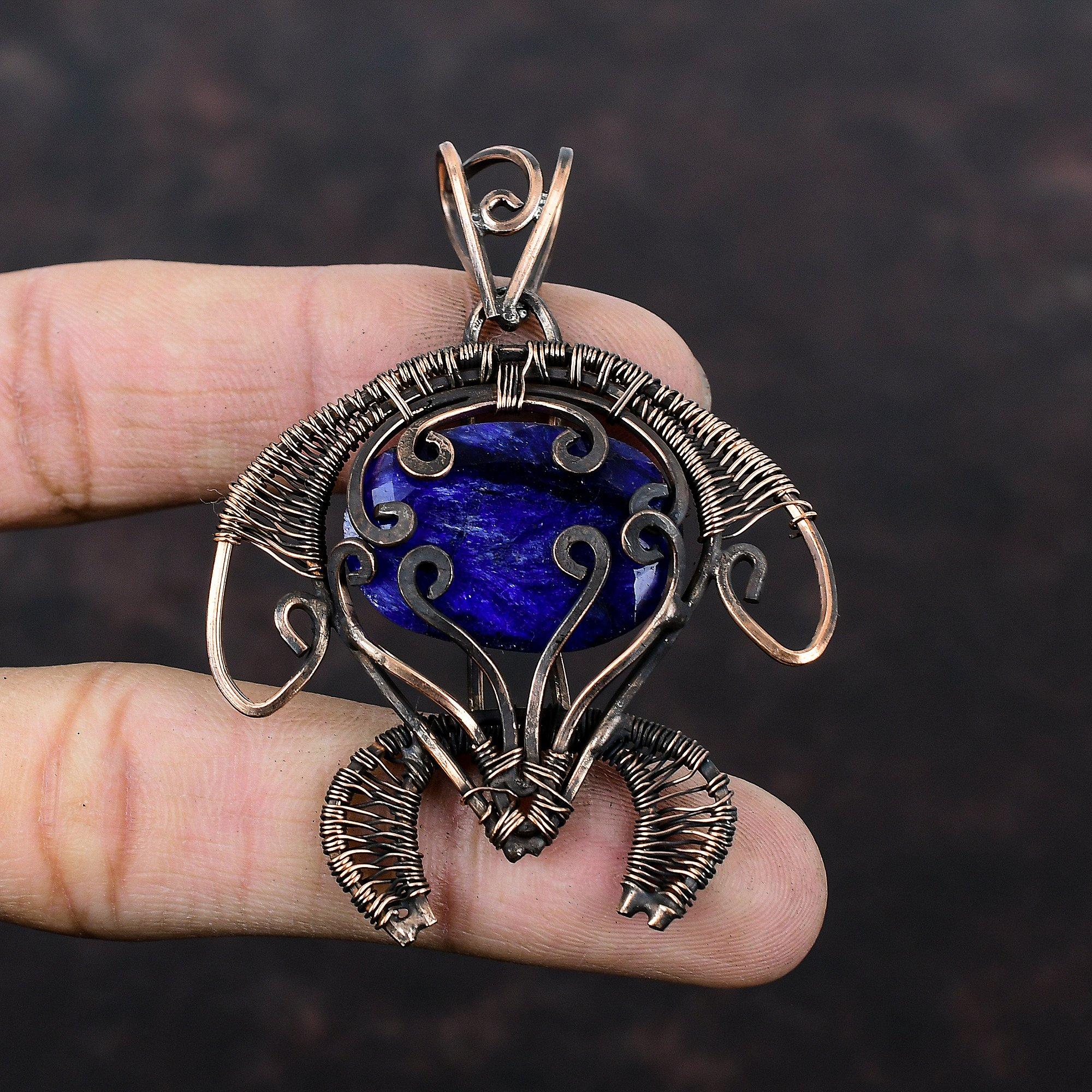 Faceted Blue Sapphire Pendant Copper Wire Wrapped Pendant Handmade Jewelry Gemstone Pendant Amazing Copper Jewelry Tortoise Pendant For Gift