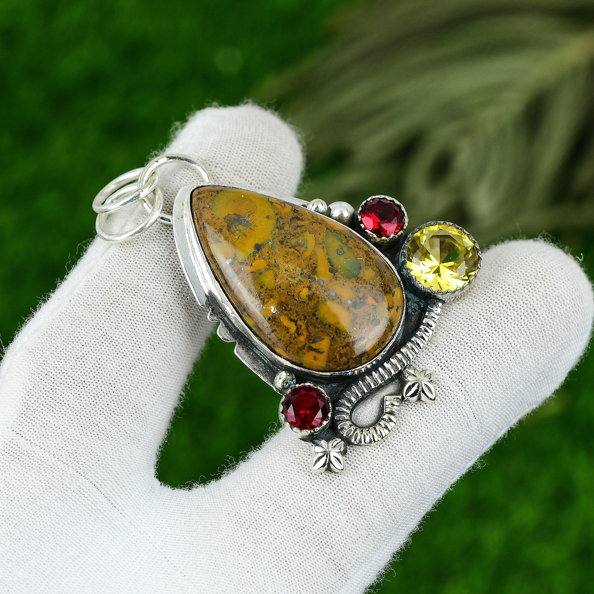 Womens Day Sale 925 Silver Natural Bamboo Jasper Citrine Bezel Birthday Pendant