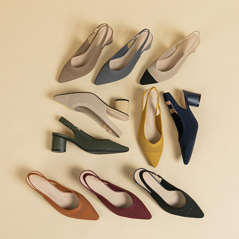 Women's Large Size Spring Shallow Sharp Pointed Toe Thick High Heel Single Shoes Casual Mouth Hollow Solid Color Buckle Knitted Sandals Shoes 34-43