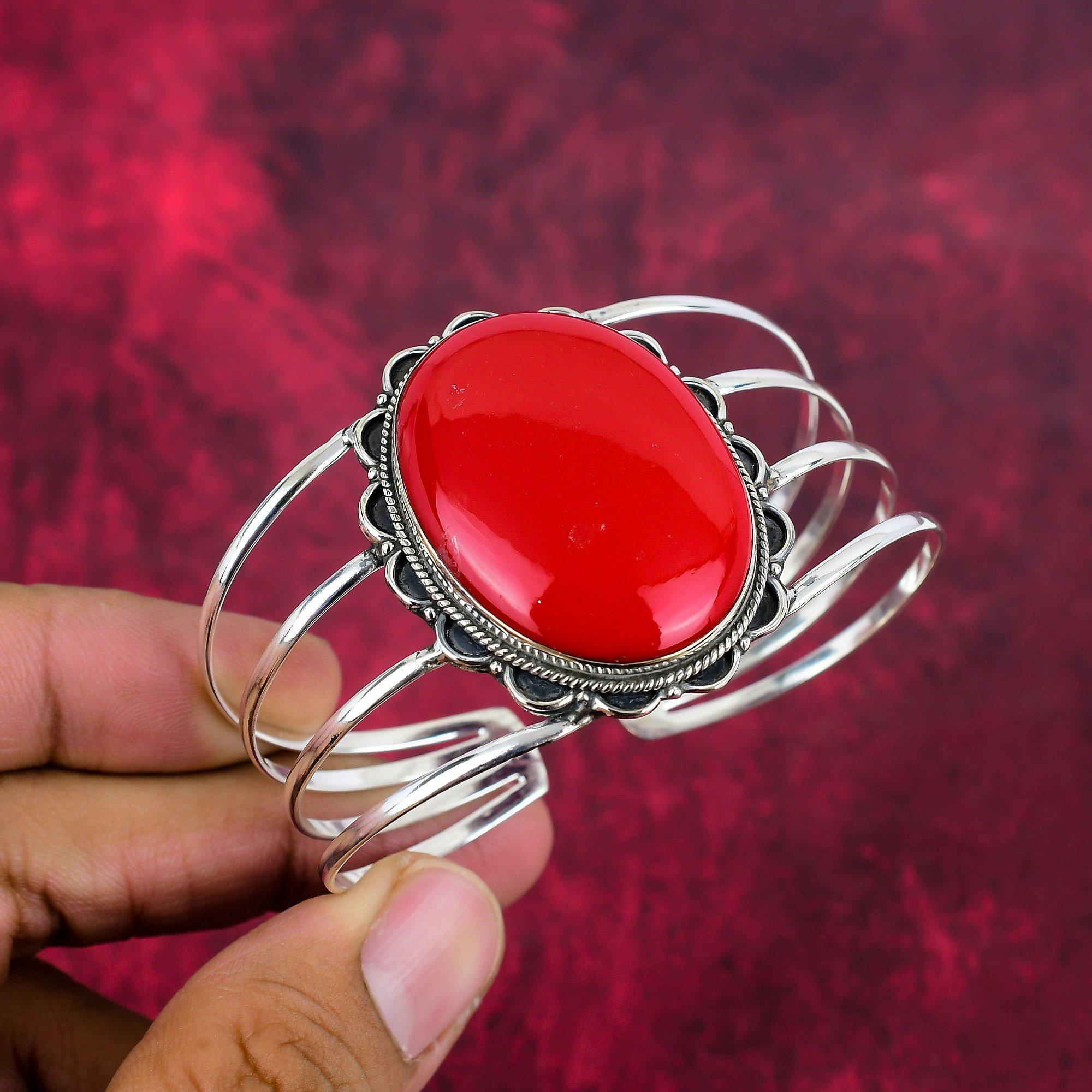 Red Coral Handmade Gemstone Bangle, 925 Solid Sterling Silver Bangle Antique Jewelry, For Engagement Gift