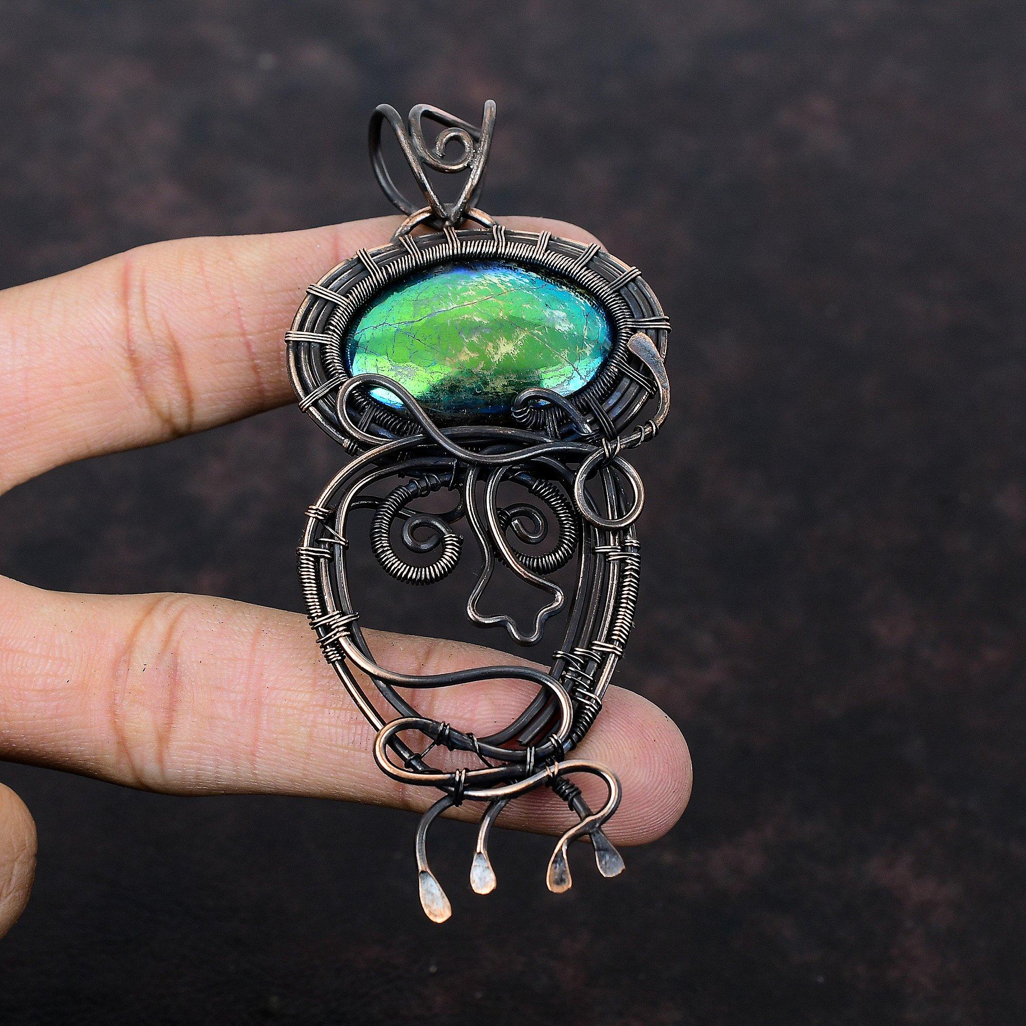Mystic Fire Labradorite Pendant Copper Wire Wrapped Pendant Handmade Pendant Wire Wrapped Jewelry Gemstone Pendant For Gift Copper Jewelry