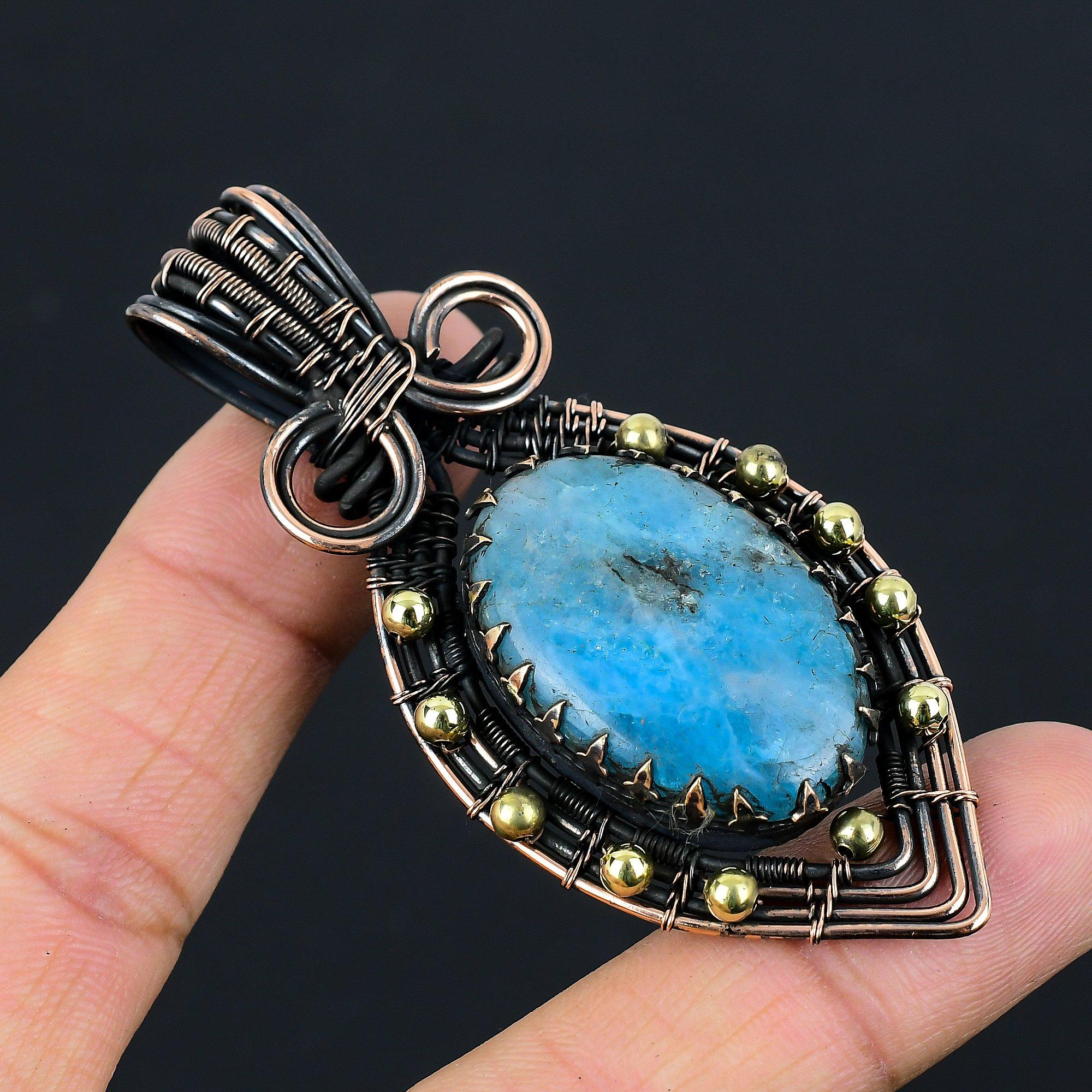 Neon Blue Apatite Gemstone Pure Copper Wire Wrapped Handmade Pendant Jewelry For Gift