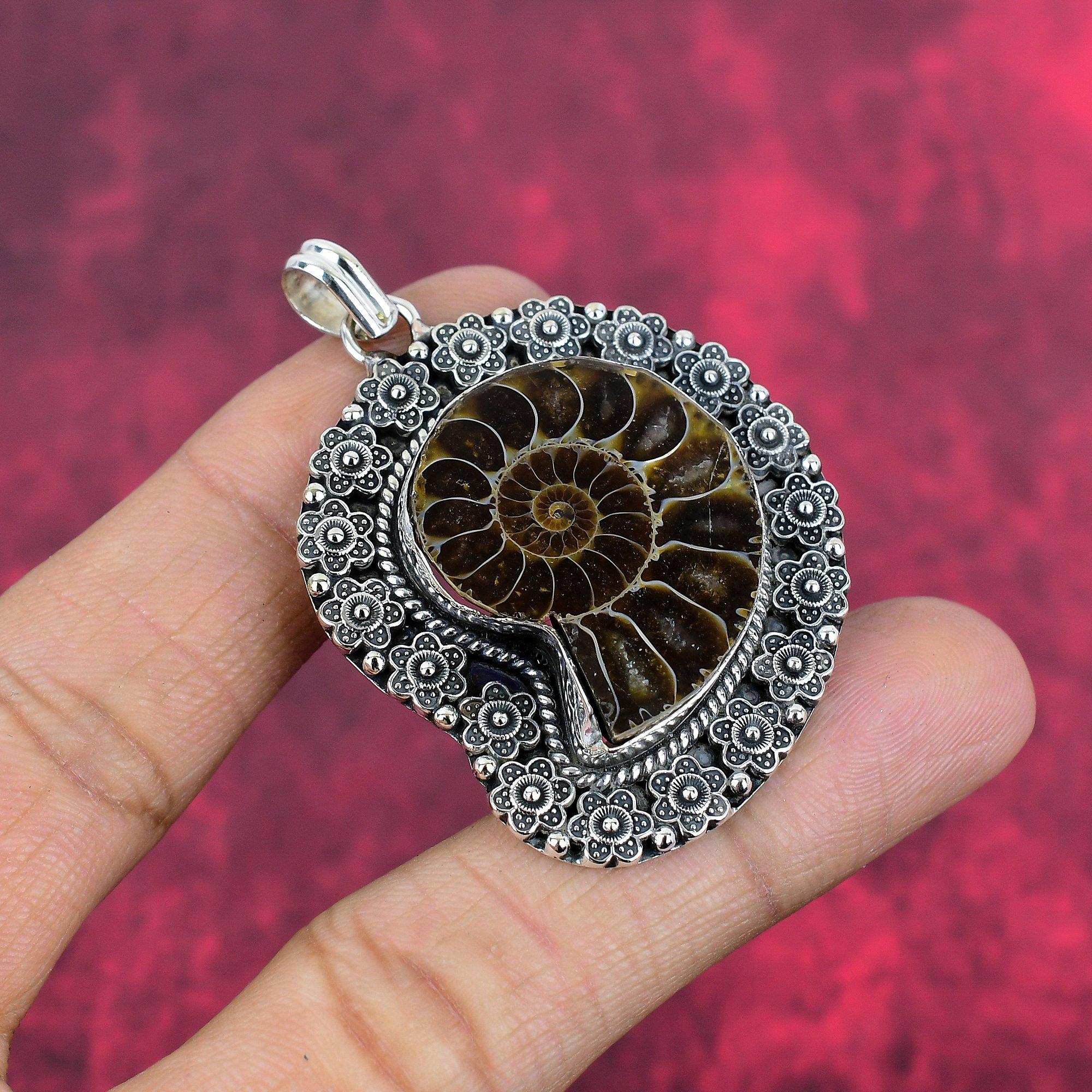 Ammonite Fossil Pendant, Handmade Gemstone Pendant, 925 Solid Sterling Silver Pendant Antique Jewelry, For Engagement Gift
