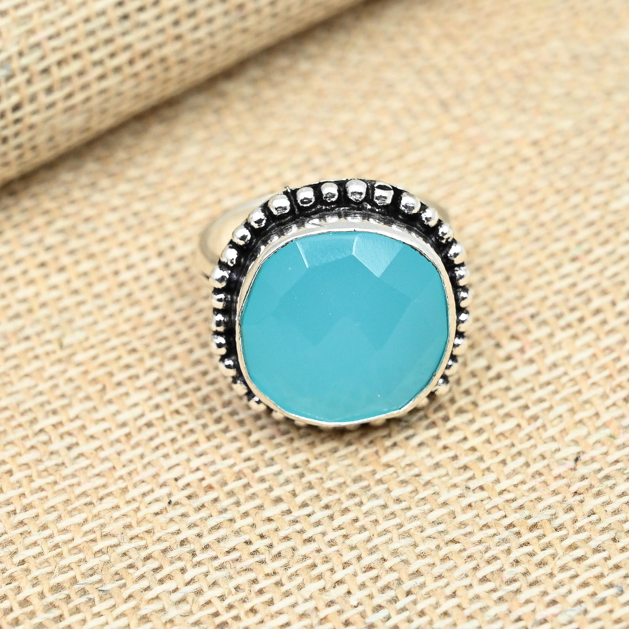 Fantazyjny Aqua Chalcedon Kamień szlachetny Solidny pierścień ze srebra próby 925 wykonany ręcznie