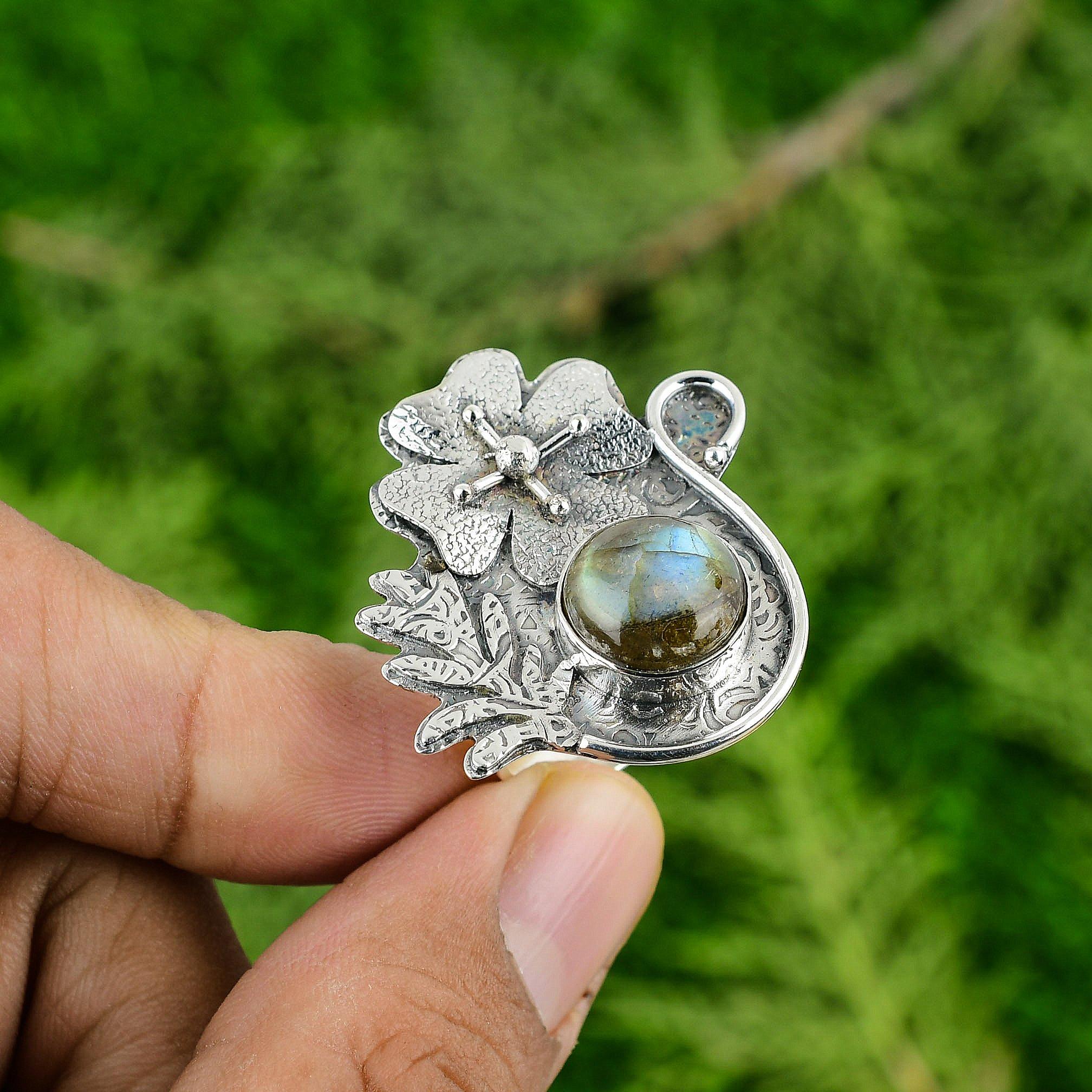 Mothers day Deal Sterling Silver Round Labradorite Stone New Flower Ring Jewelry