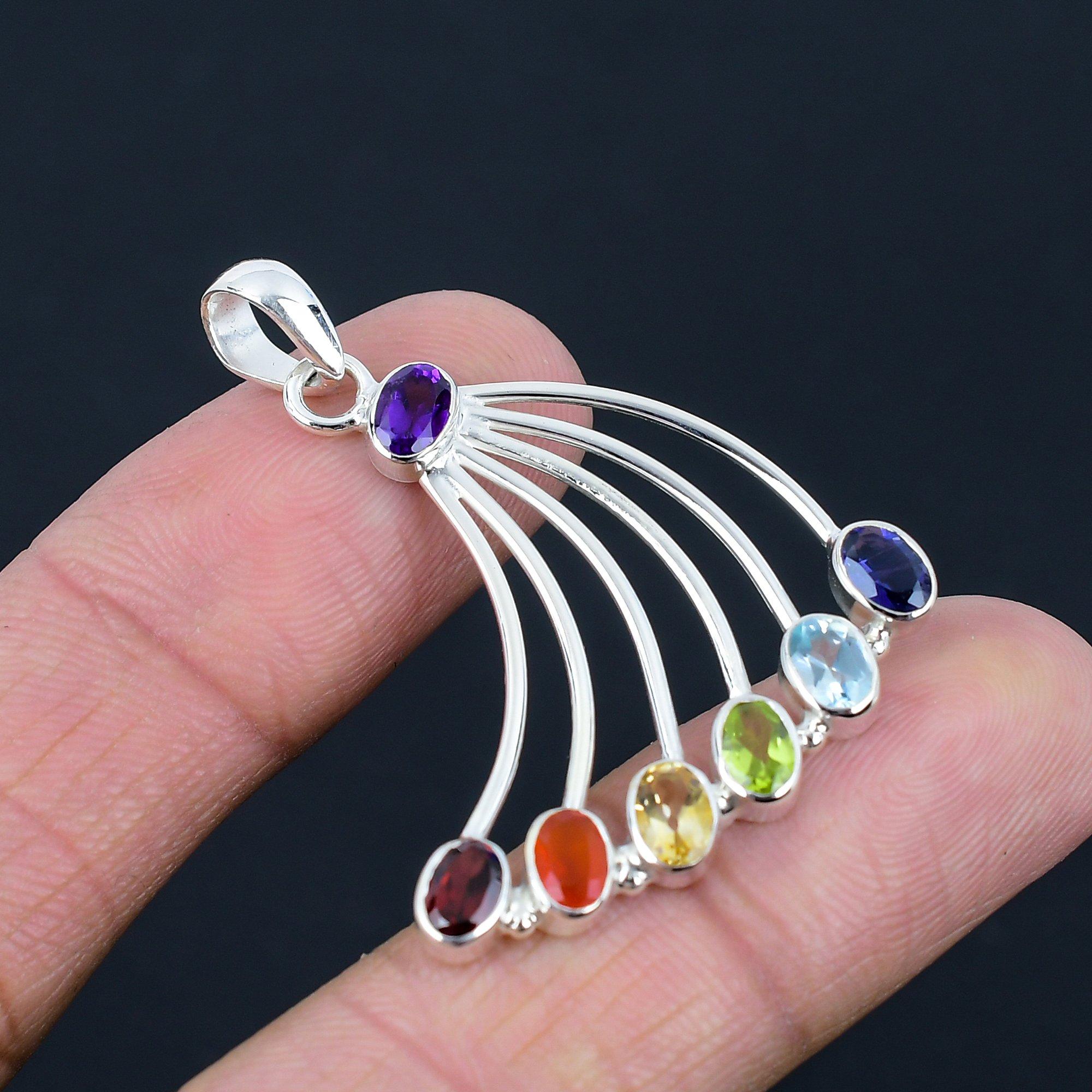 Natural Seven Chakra Gemstone Pendant, 925 Sterling Silver, Handmade Gemstone Pendant Jewerly Gift For Valentine's Day