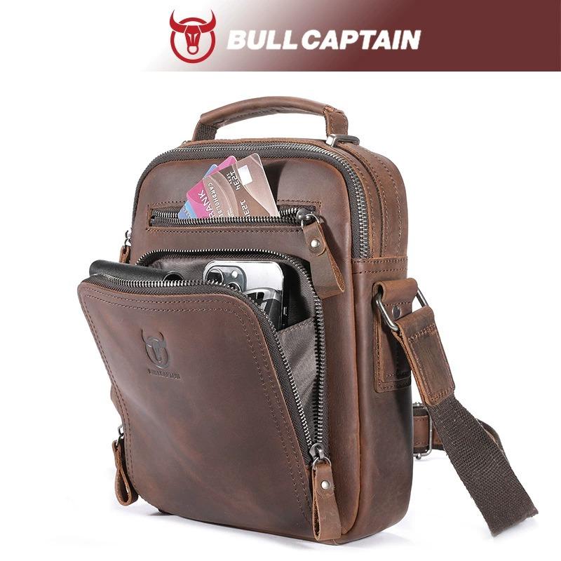 BULLCAPTAIN Vintage Crazy Horse Leather Messenger Bag for Men, Large Crossbody Tote with Pocket Fits 10-Inch Tablet, Laptop, Phone