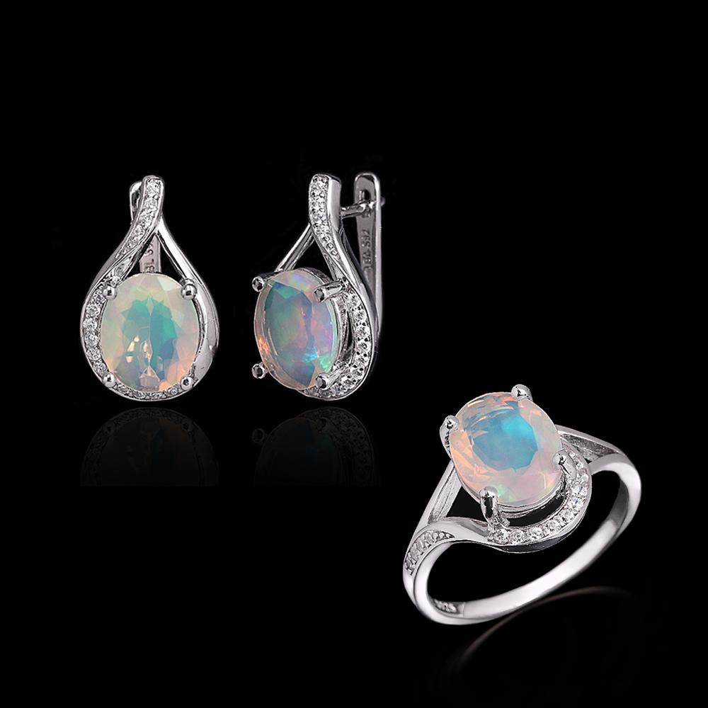 Colorful natural oval 8*10mm ethiopia opal ring earrings 925 sterling silver luxury fine jewelry set for women's engagement gift
