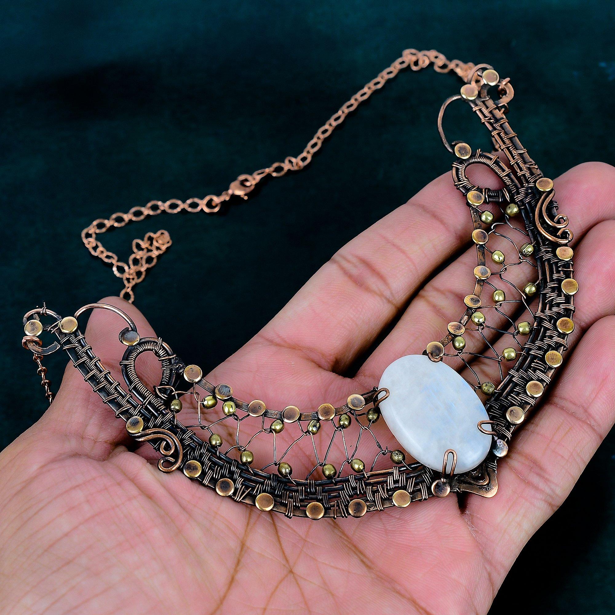 Rainbow moonstone necklace handmade copper wire wrapped necklace adjustable chain necklace jewelry anniversary gift for her personlized gift