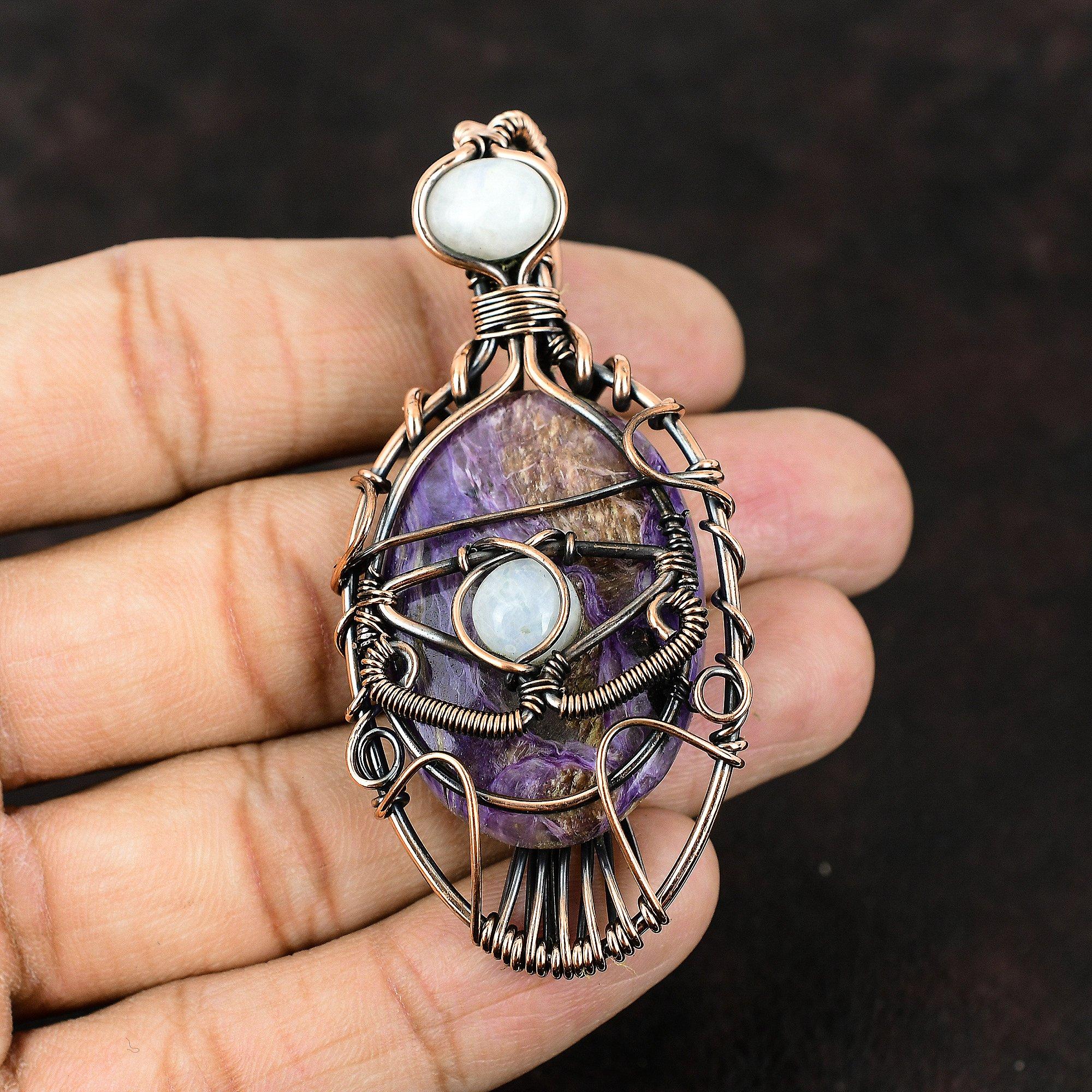 Evil Eye Charoite Copper Wire Wrapped Pendant Gemstone Handmade Pendant Rainbow Moonstone Pendant Wonderful Evil Eye Jewelry Gift For Mother