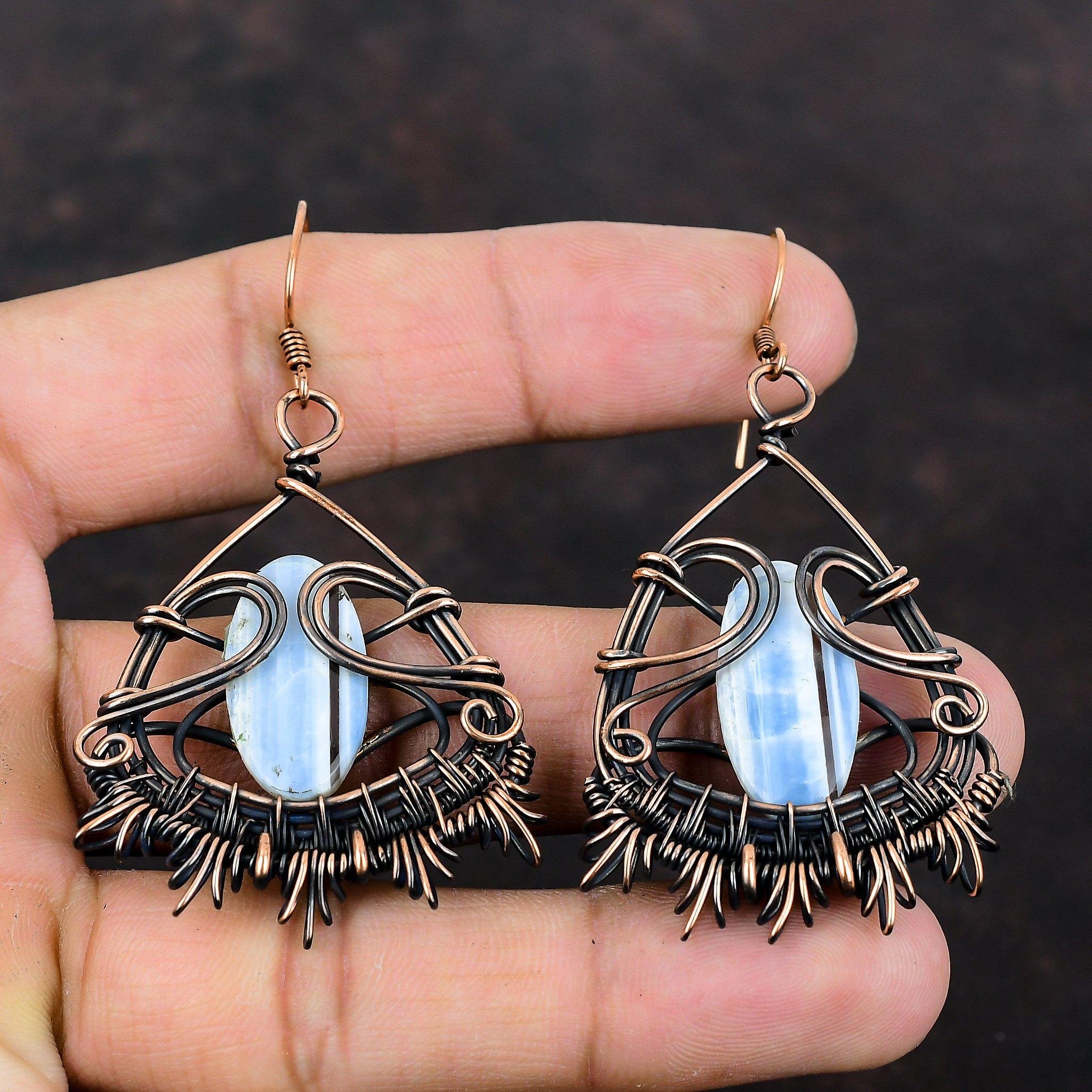 Owyhee Blue Opal Copper Earring Copper Wire Wrapped Earring Unique Jewelry Dainty Gemstone Earrings Handmade Earring Copper Jewelry For Gift