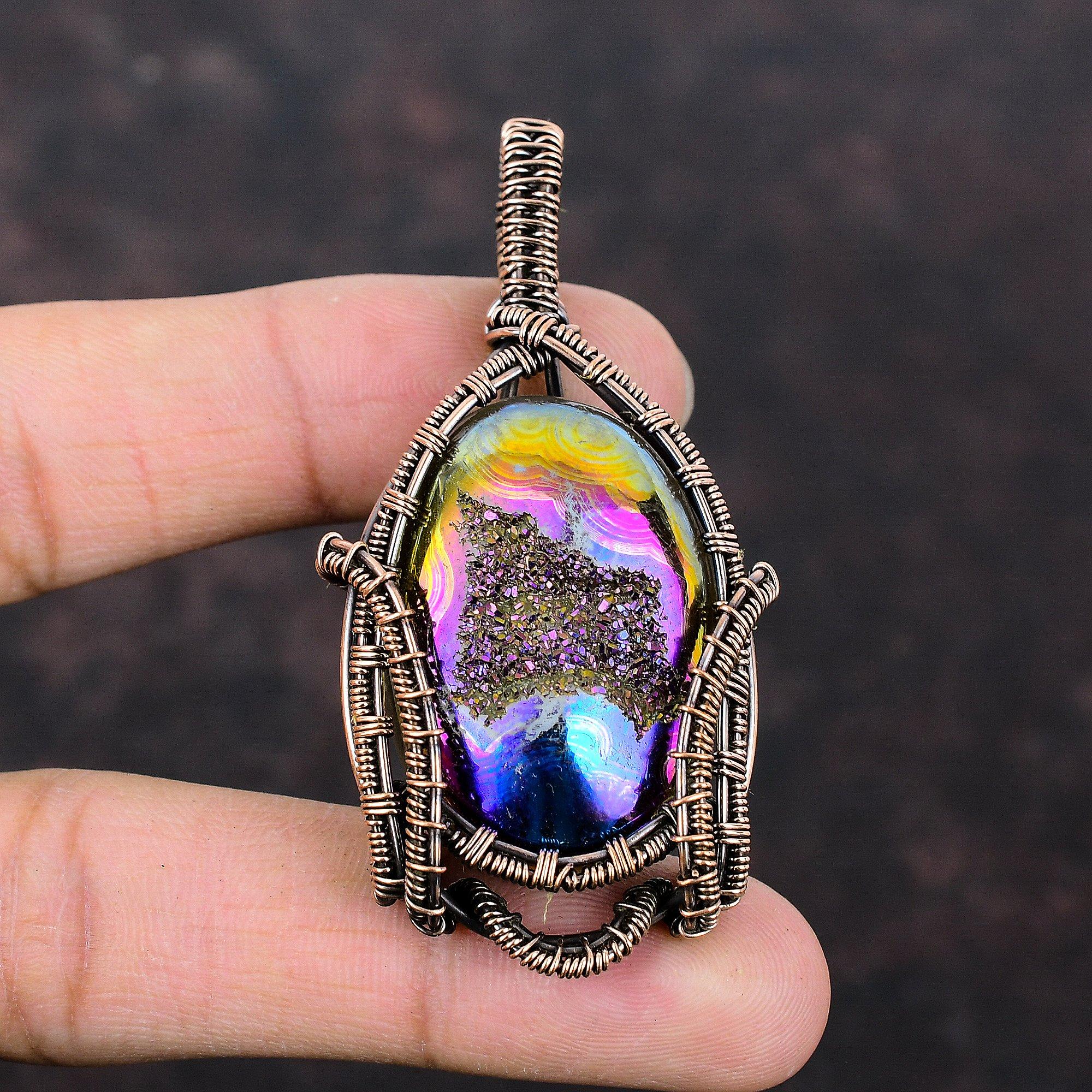 Titanium Druzy Pendant Copper Wire Wrapped Jewelry Handmade Gemstone Pendant Copper Wire Wrapped Pendant Titanium Druzy Jewelry Wedding Gift