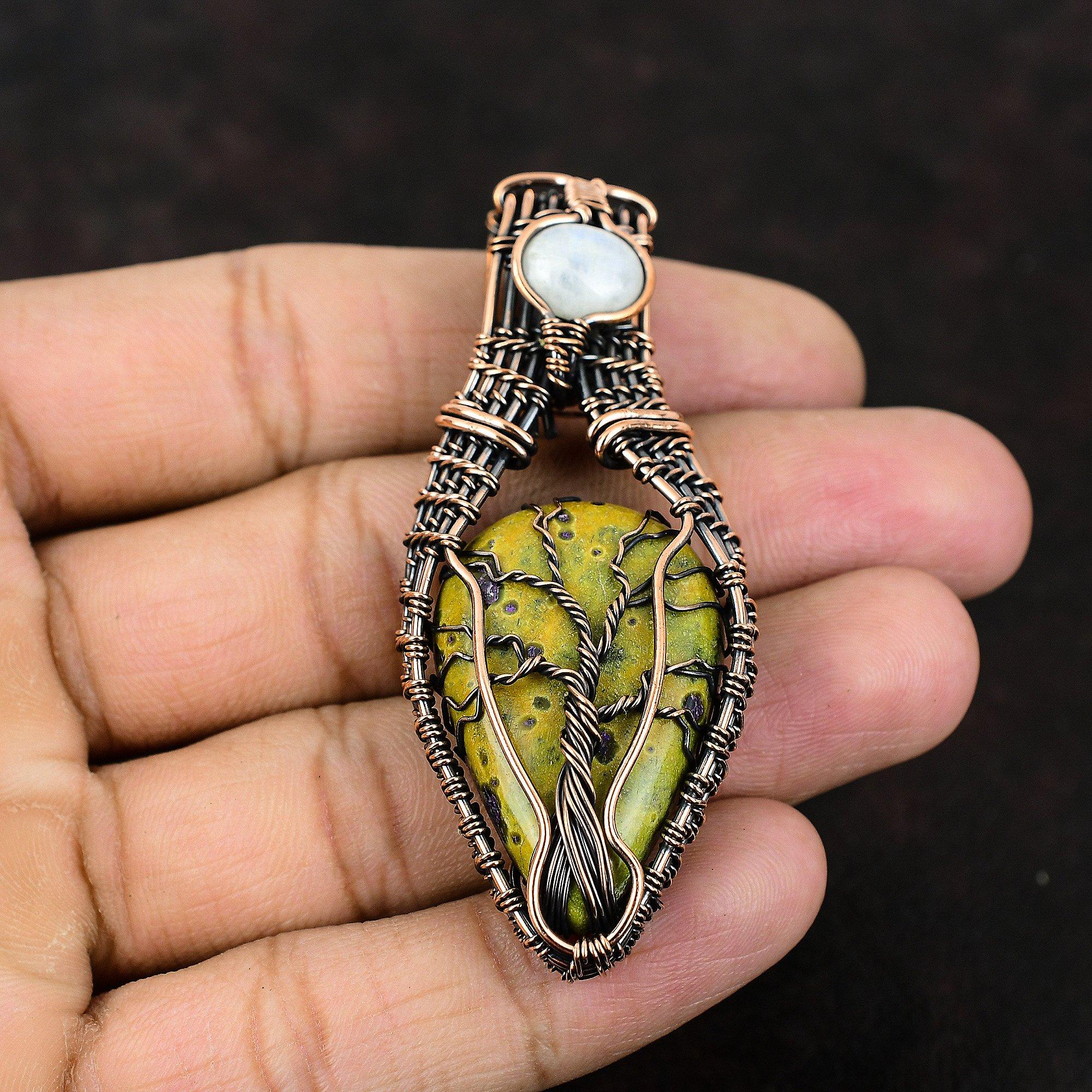Tree Of Life Stichtite Copper Wire Wrapped Pendant Rainbow Moonstone Jewelry Handmade Designer Pendant Gift For Mother Tree Of Life Jewelry