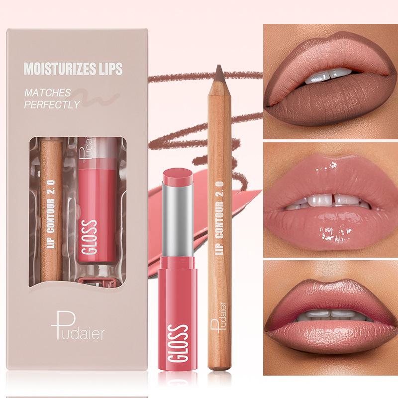 2Pcs Lip Liner Gloss Lipstick Combos Set Water Light Effect with High Gloss Shiny Jelly Solid Lipstick & Matte Lip Liner Contour Makeup