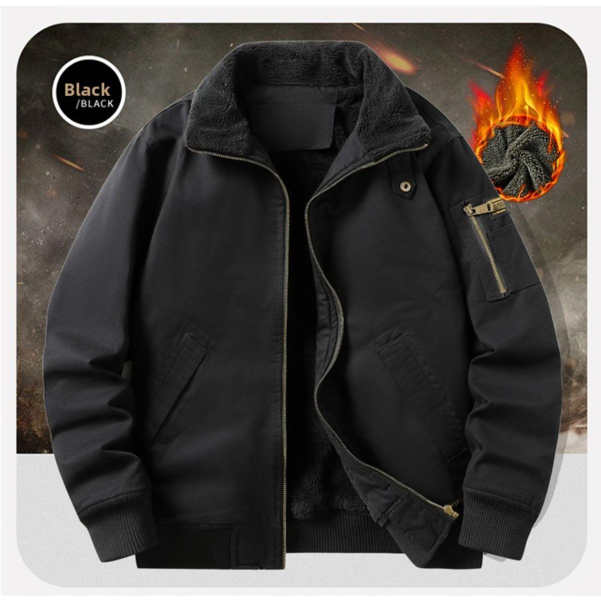 Winter Fleece-Lined Pilot Jacket, Men's Fleece-Lined Thickened Oversized Cotton Coat with Lapel Collar