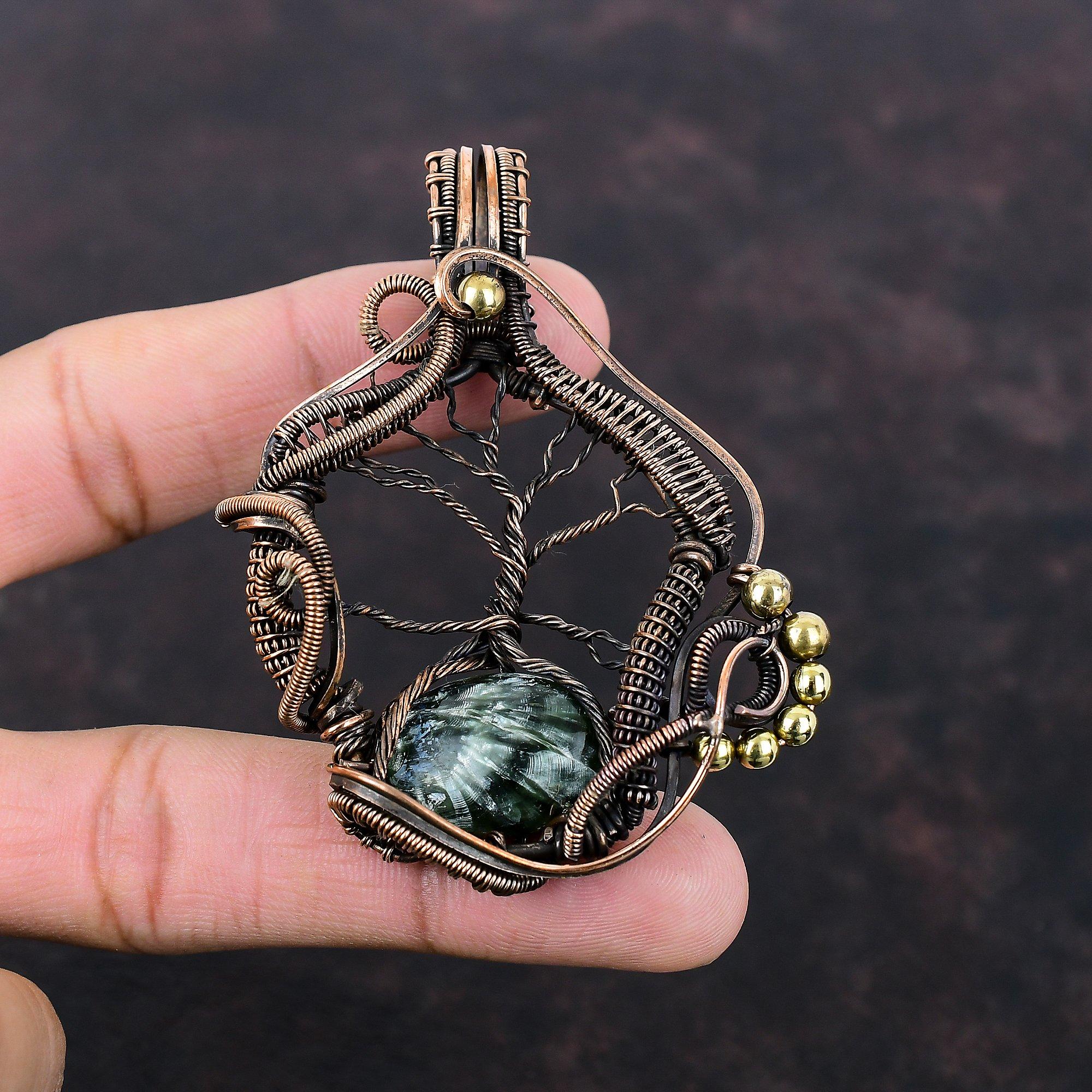 Pandantiv Serafinit Arborele Vieții Pandantiv Înfășurat în Sârmă de Cupru Pandantiv cu Piatră Prețioasă Reală Bijuterii Handmade din Cupru Cadou Pentru El Bijuterii Arborele Vieții