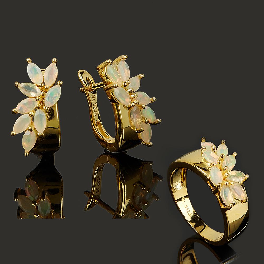 New Bamboo leaf shape design natural Opal Ring Earrings jewelry set fine jewelry for women's anniversary banquet wear