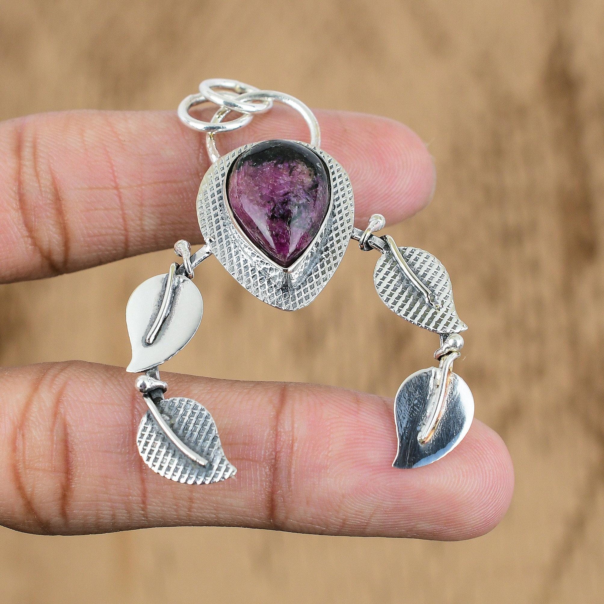 Natural Rhodonite Gemstone Indian Jewelry 925 Sterling Silver Pendant For Women