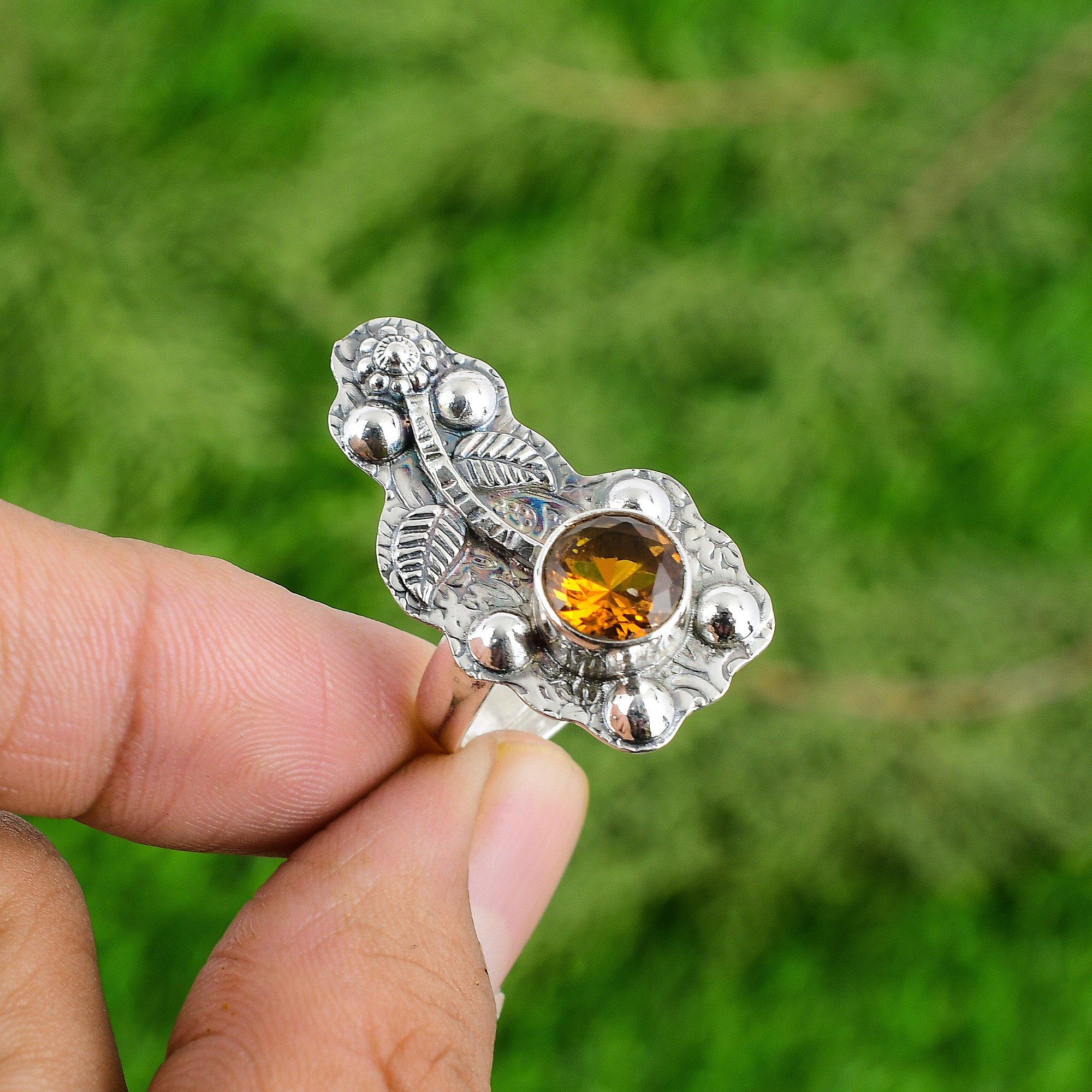 Mothers day Sale November Citrine Stone Flower Solitaire Ring Sterling Silver