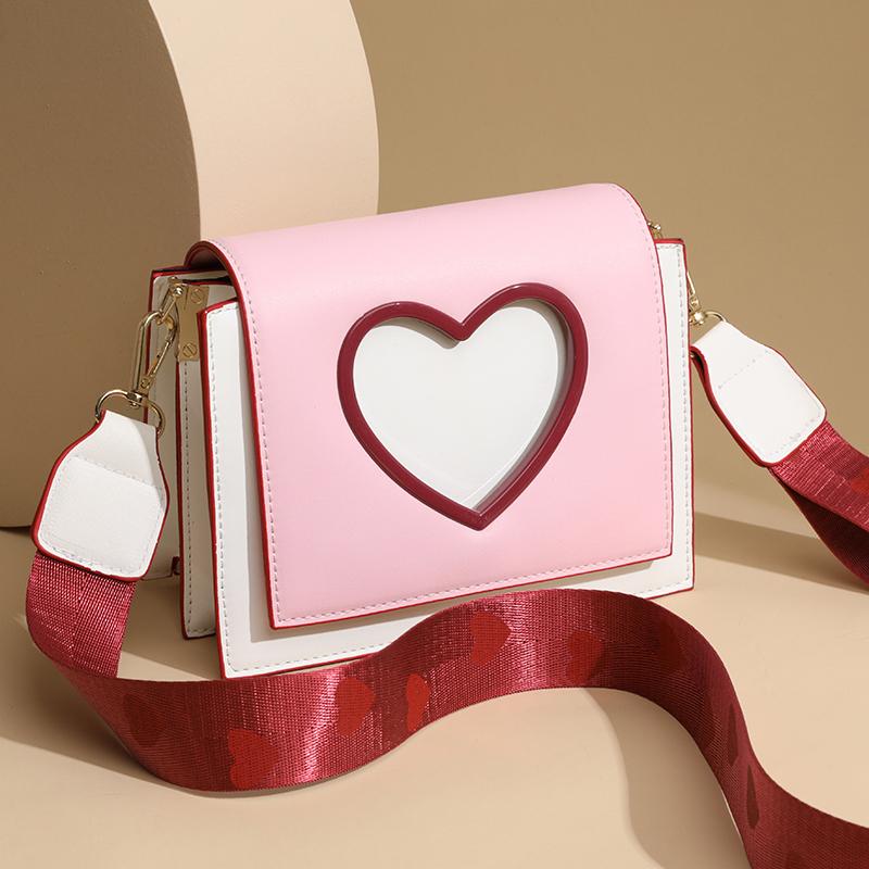 Women Sweet Cute Crossbody Bags Heart Hollow Out Shoulder Bag Students All-match Flap Wide Straps Summer Handbags  Purse