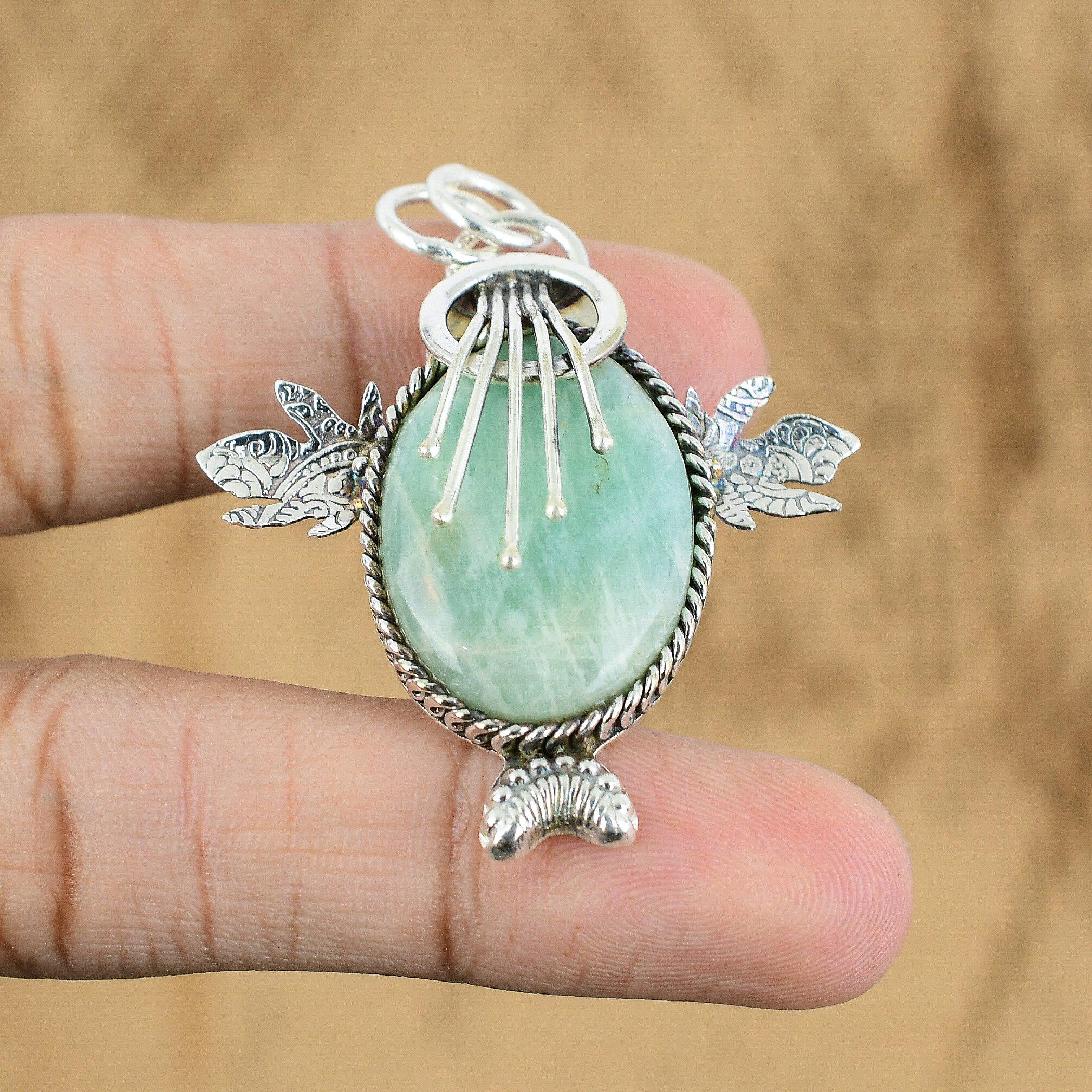 Sterling Silver Heart Chakra Amazonite Stone Handcrafted Trendy Pendant Jewelry