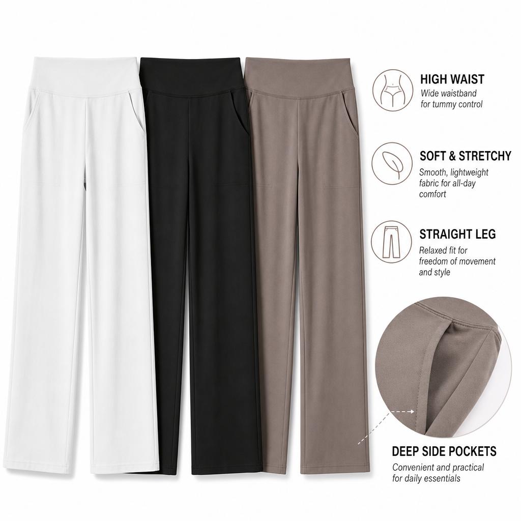 Lässige High Waist Straight Leg Hosen Lockere Tasche Yogahosen Damen Entspannte Passform Sporthosen