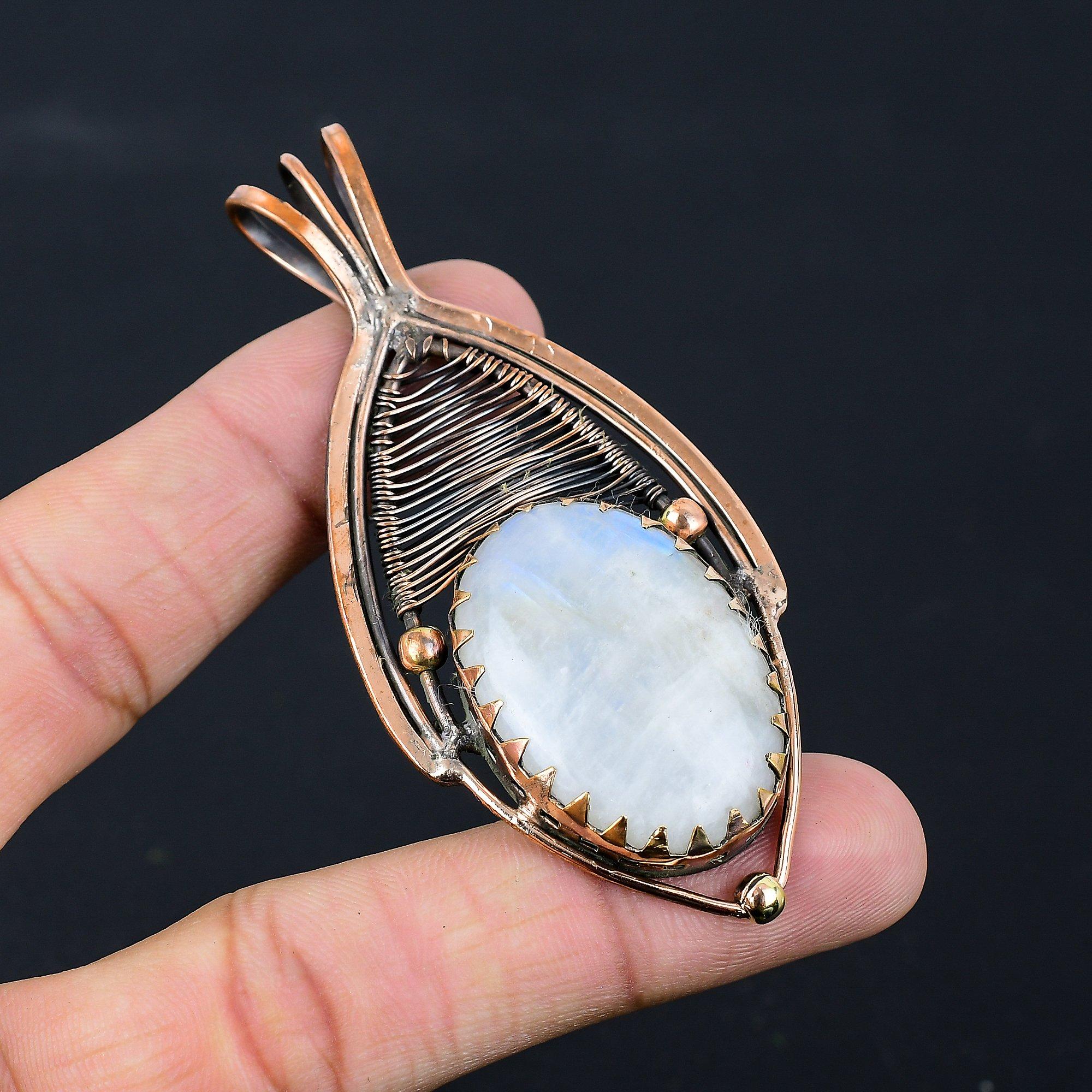 Moonstone Gemstone Pure Copper Wire Wrapped Handmade Pendant Jewelry Gift For Her